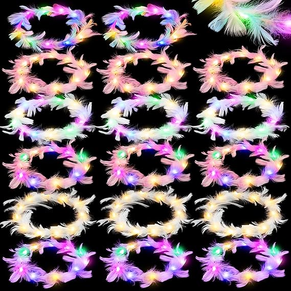18 Pack LED Feather Crown Headband Cute Light up Headband Luminous Flower Crown Flashing Feather Headpiece Glowing Light up Hair Accessories Headdress for Girl Women Festival Wedding Party, 6 Colors