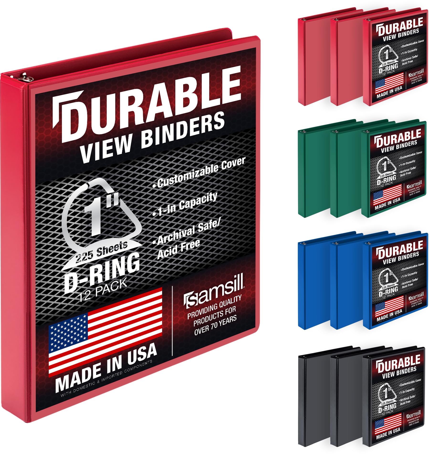 Samsill Lot de 12 classeurs durables à 3 anneaux fabriqués aux États-Unis, classeur à anneaux en D de 2,5 cm, peut contenir 225 feuilles, couverture transparente personnalisable, assortiment de base,