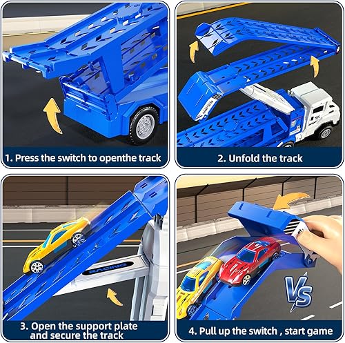Miniatura 6 de Camión de transporte de juguetes para niños de 3, 4, 5, 6, 7 años de edad, juego de carreras, camiones transportadores con 12 coches fundidos a