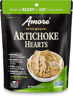 Amore Artichoke Hearts Vegan Non-GMO Certified Ready-to-Eat Herb-Infused in Resealable Bags, 4.4oz Pack of 10