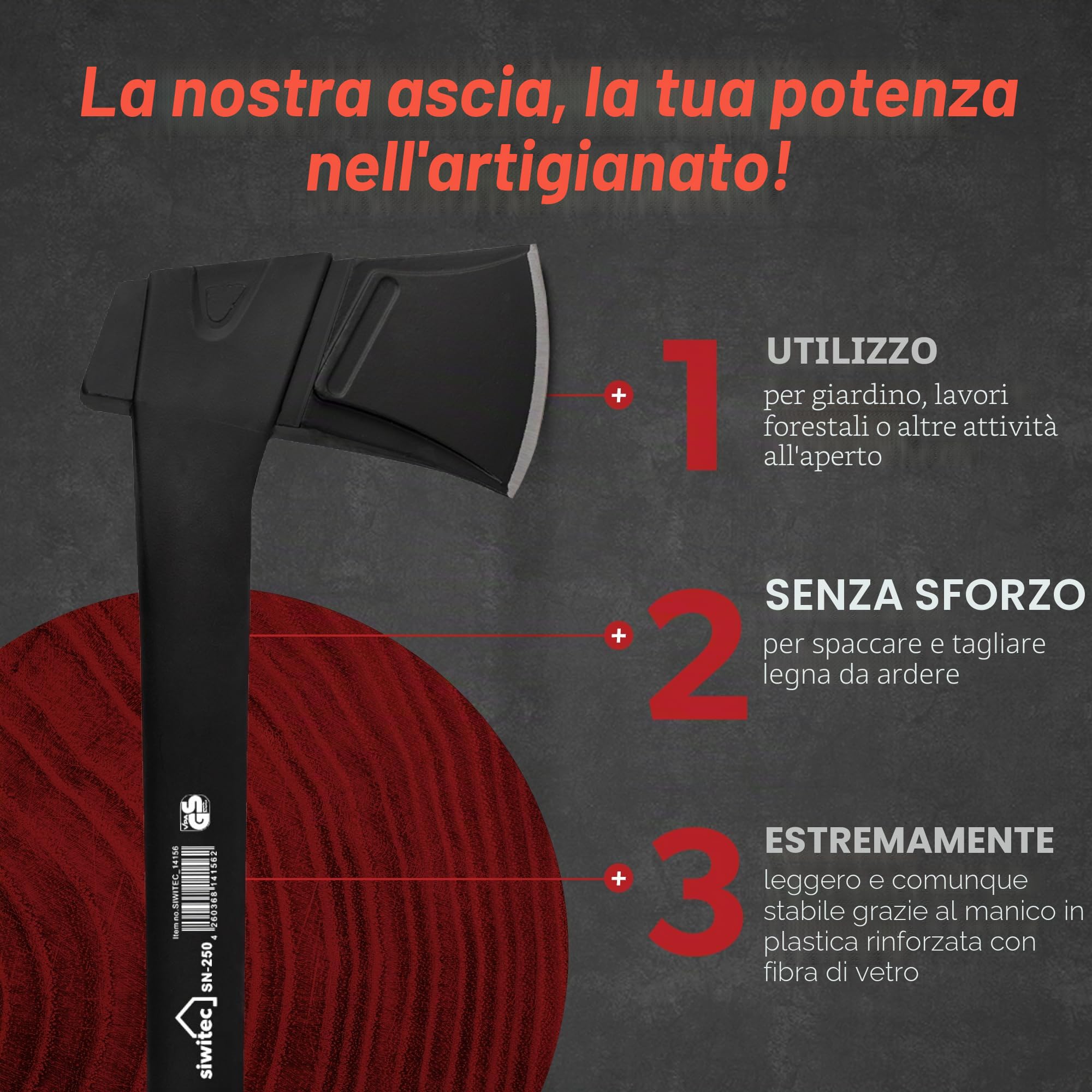 Ascia siwitec SN-250 incl protezione della lama, ascia da spacco con peso della testa di 250 grammi, ascia per spaccare il legno con manico in plastica rinforzata con fibra di vetro e lama in carbonio