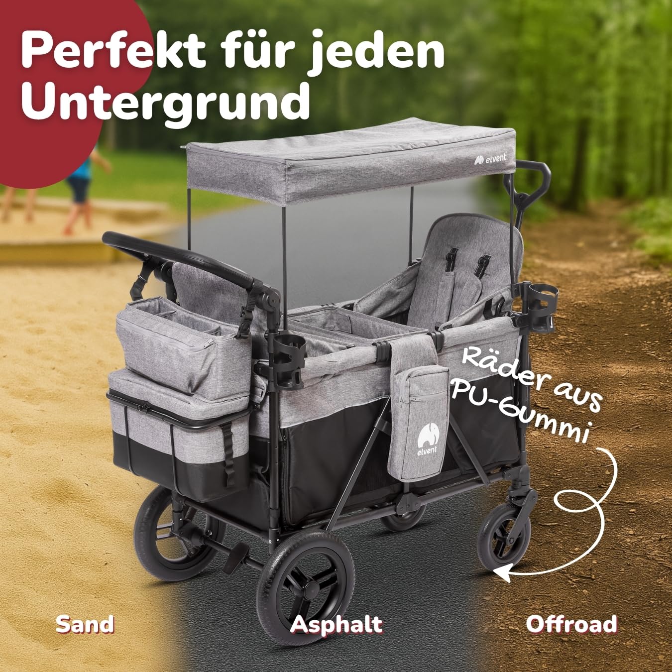 elvent® ComfortPlus 2 Sitzer Bollerwagen - Handwagen faltbar mit Dach I Feststellbremse, PU-Reifen, 5-Punkt-Gurt I für 2 Kinder (grau)