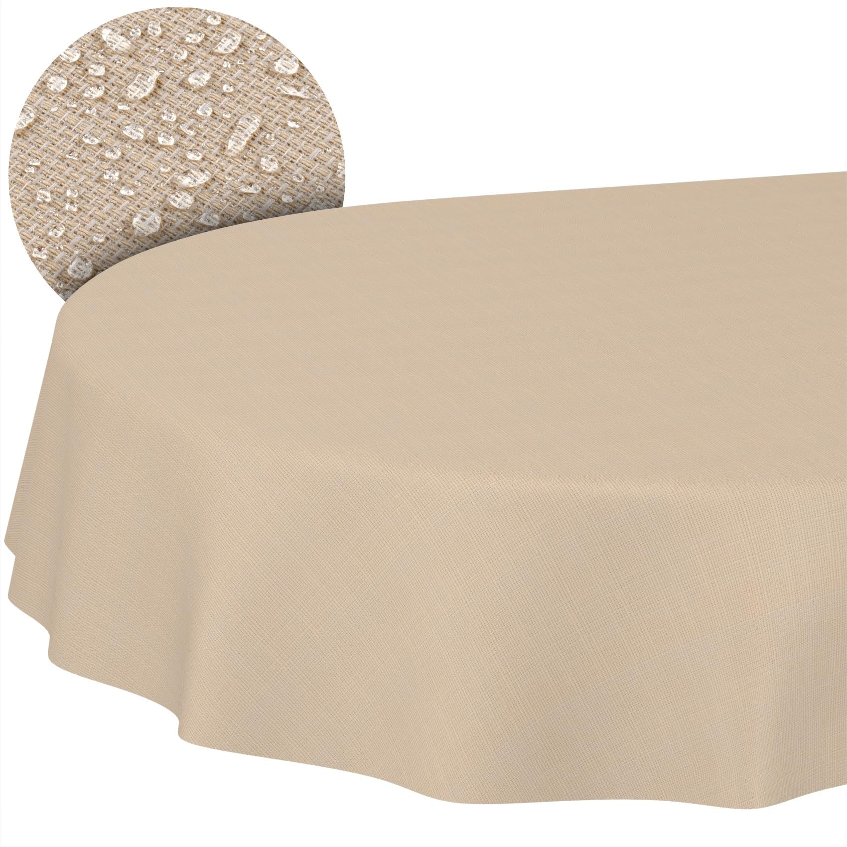 Fabric Tablecloth, Textile Table Linen, Cotton Polyester, Washable, Plain Ornamental Damask Jacquard Fabric, Beige, Oval, 180 x 140 cm, Cut Edge