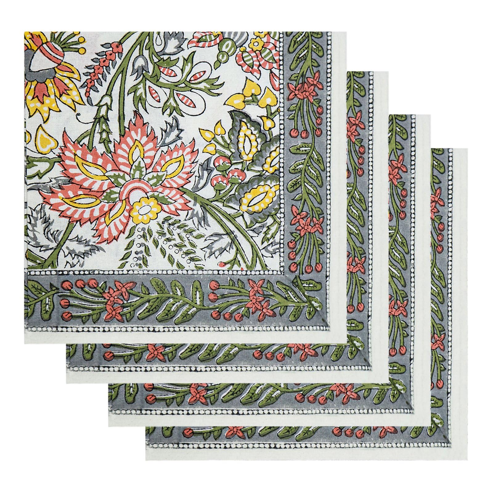 16x16 Inches Cotton Napkins Set of 4, Grey White, Washable Hand Block Printed Reusable Cloth Napkins For Dinning, Party, Wedding, Restaurant, Cocktail, Home Decor Autumn Outdoor Valentine Gifts