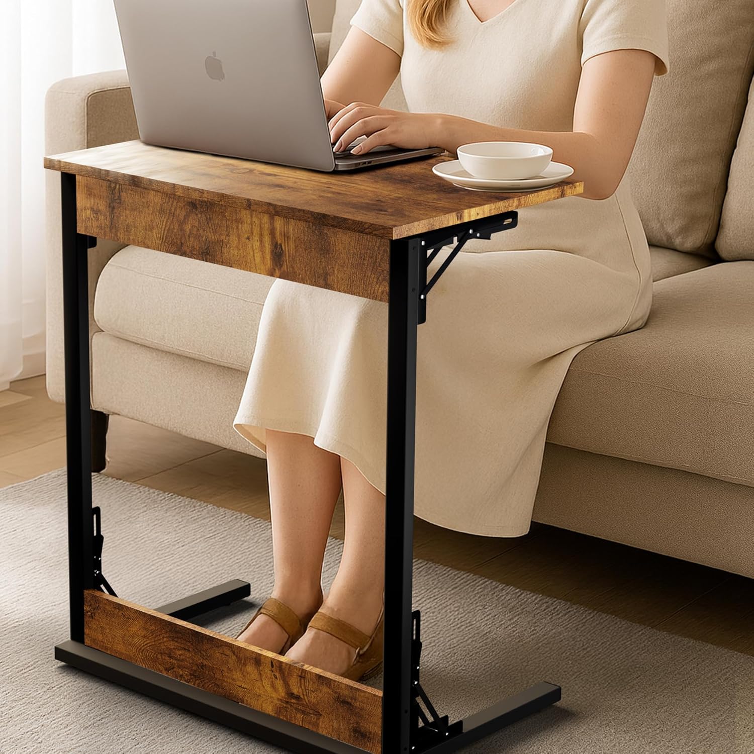 COSIEST Folding TV Tray Table, Foldable C-Shaped End Table for Couches, Sofa-Side Laptop Desk with Metal Frame for Living Room, Bedroom, Pre-Assembled (23.6" W x 14.5" D x 27.5" H, Rustic Brown)