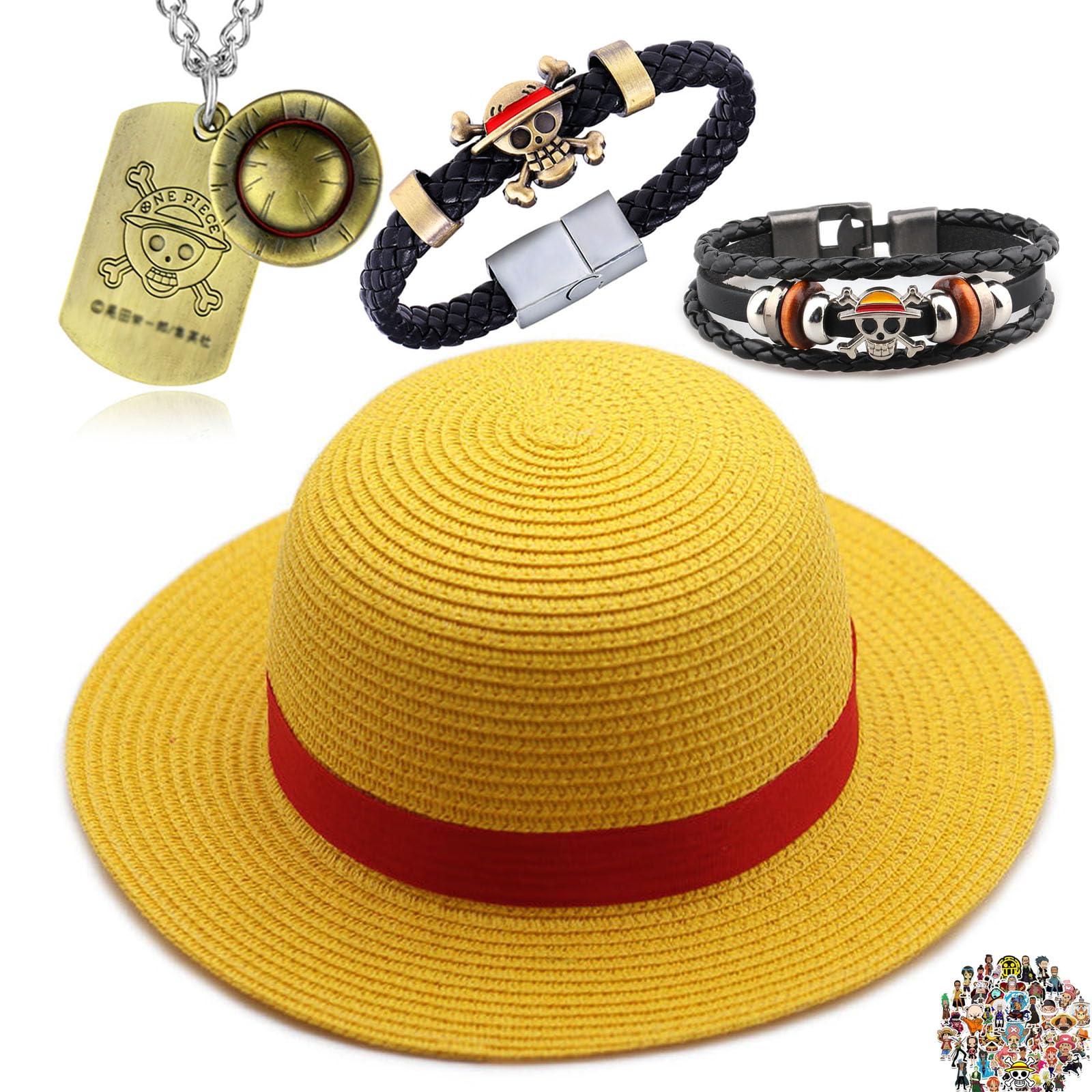 YouU Sombrero de paja Cospaly Disfraz Fiesta Hombres y Mujeres Playa Sol Sombrero de Paja Luffy Collar Pulseras Anime Joyería One P. Pegatinas 24 Piezas