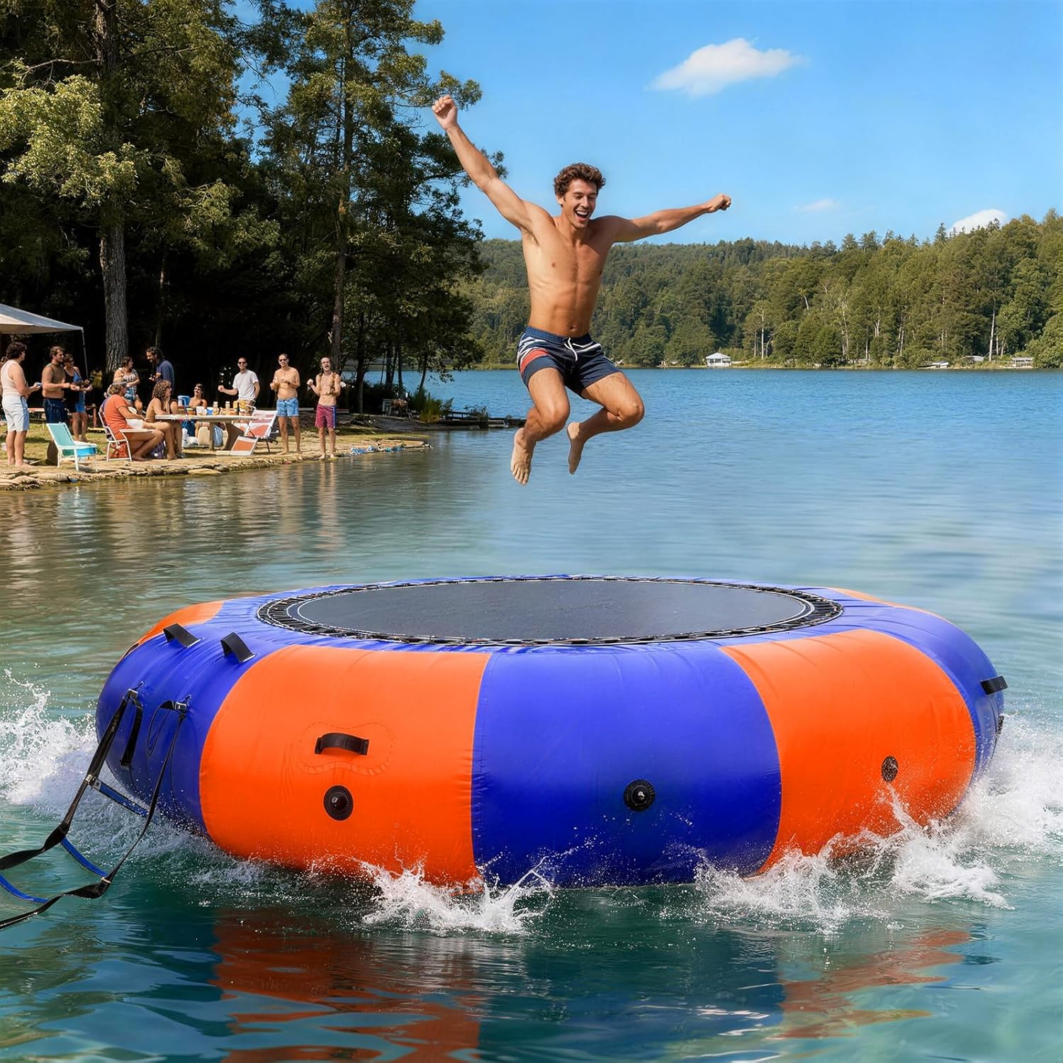 OZIS 10FT Inflatable Water Trampoline with 500W Electric Pump,Rope Ladder,Recreational Water Bouncer for Adults Portable Bounce Swim Platform for Lake, Pools(Blue+Orange)