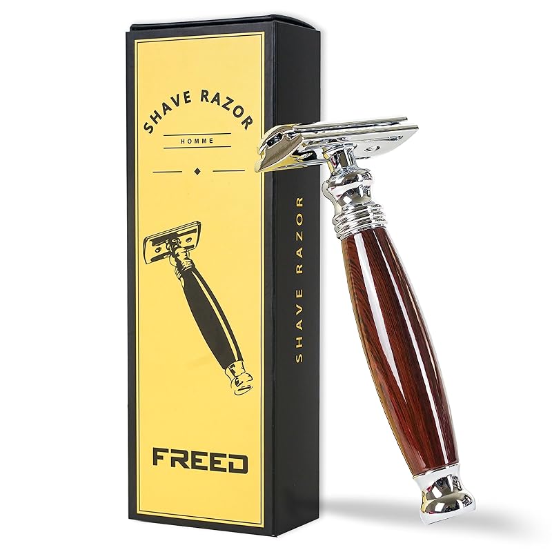 Aparelho de Barbear de Segurança FREED com Lâmina Dupla Face, Cabo em Liga de Alumínio Roxo com Aparência de Sândalo e 10 Lâminas de Aço Inoxidável 6cr13