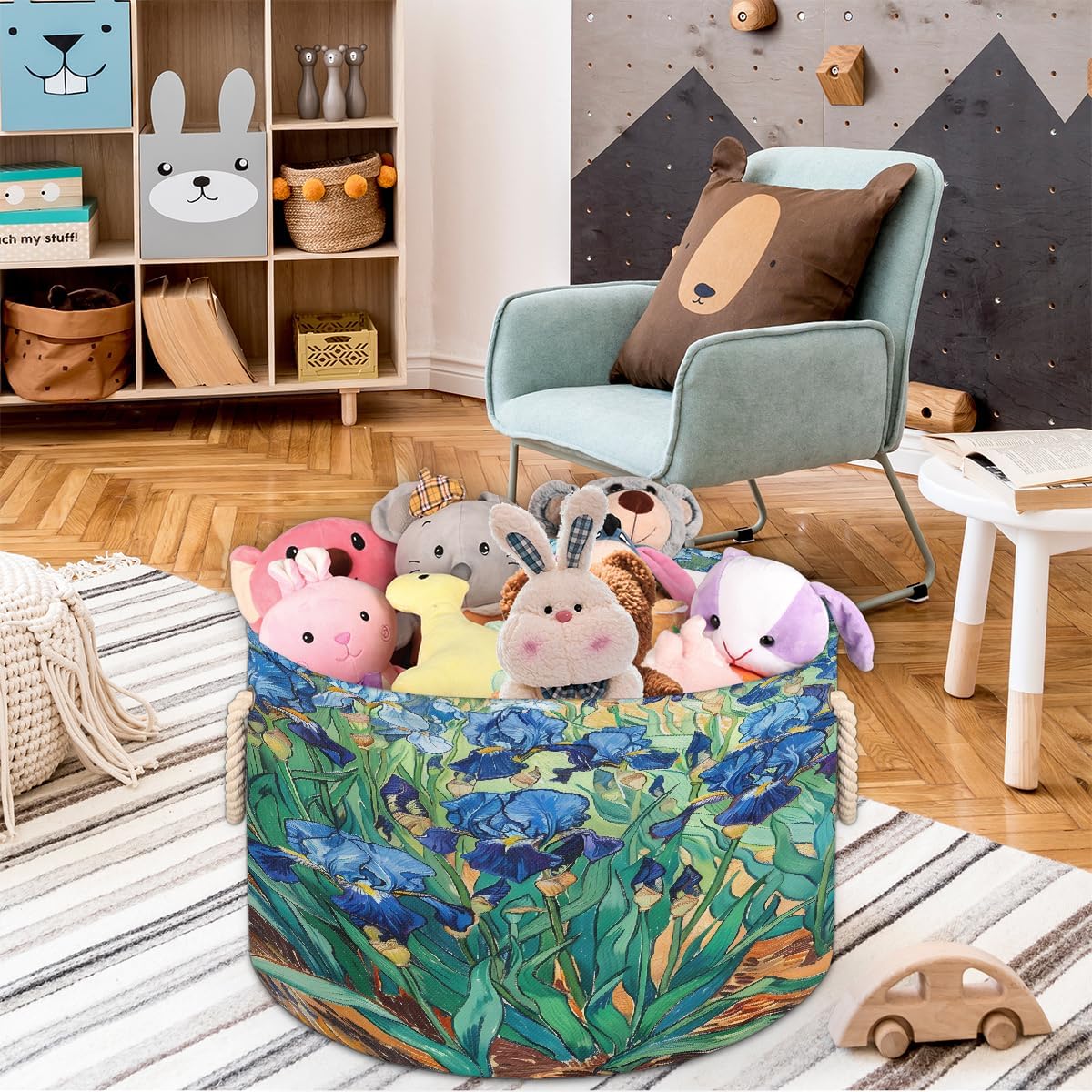 Large Round Laundry Basket Flower Blue Iris Toy Bins Organizers and Storage for Girls Canvas Collapsible Blanket Storage Basket Laundry Hamper Gift Baskets Bedroom Clothes Children Nursery