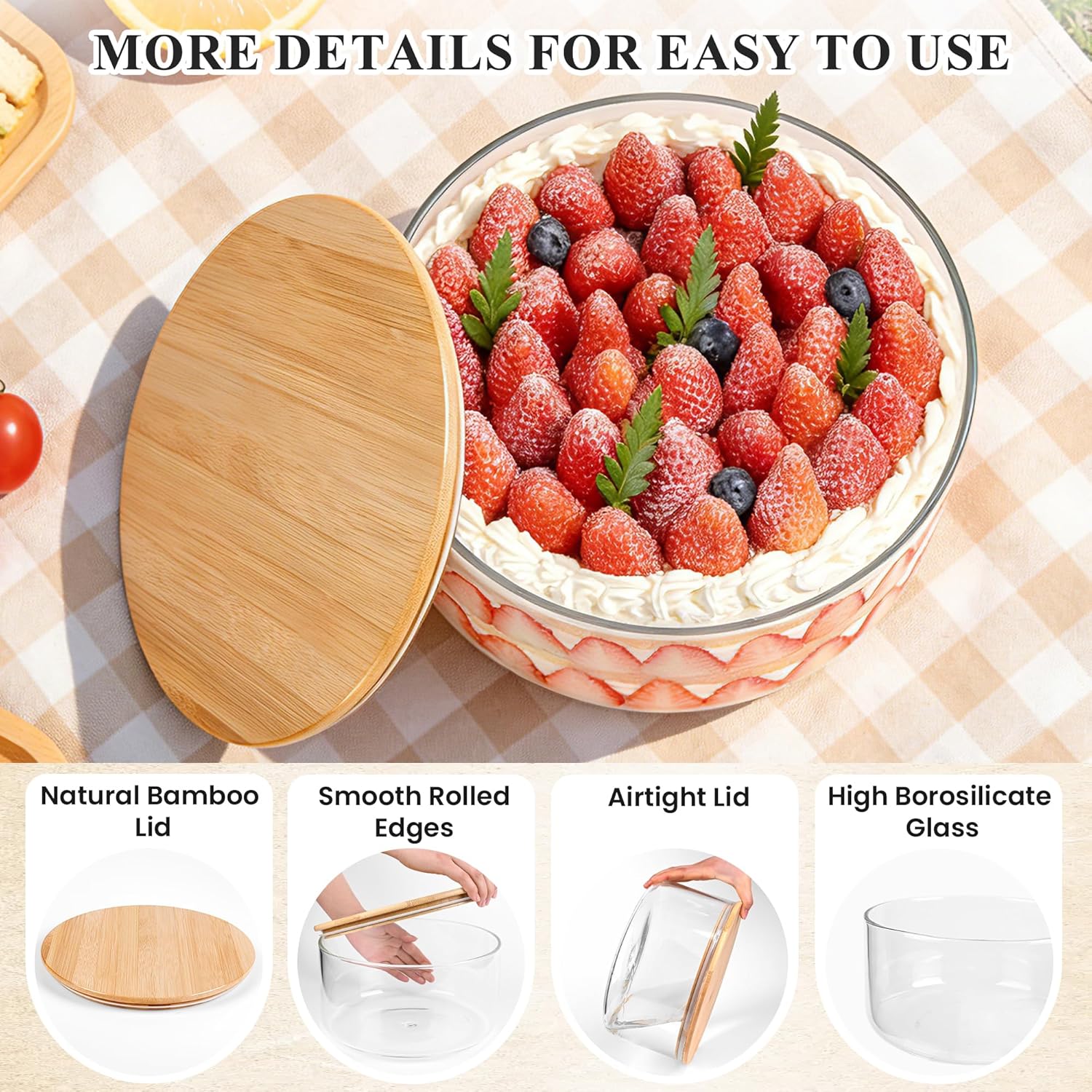 Glass Trifle Bowl with Bamboo Lid, 197 oz Large Glass Salad Bowl - Versatile Mixing and Serving Dish for Cake, Salad, Fruit, Baking, Dessert, Meal Prep, Storing, Microwave & Oven Safe