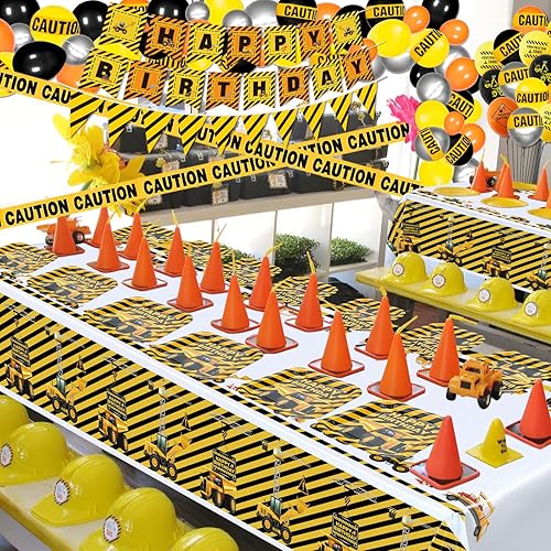 Miniatura 4 de Paquete de 231 suministros para fiesta de cumpleaños de construcción, camiones volquetes, decoraciones de cumpleaños, platos de fiesta de