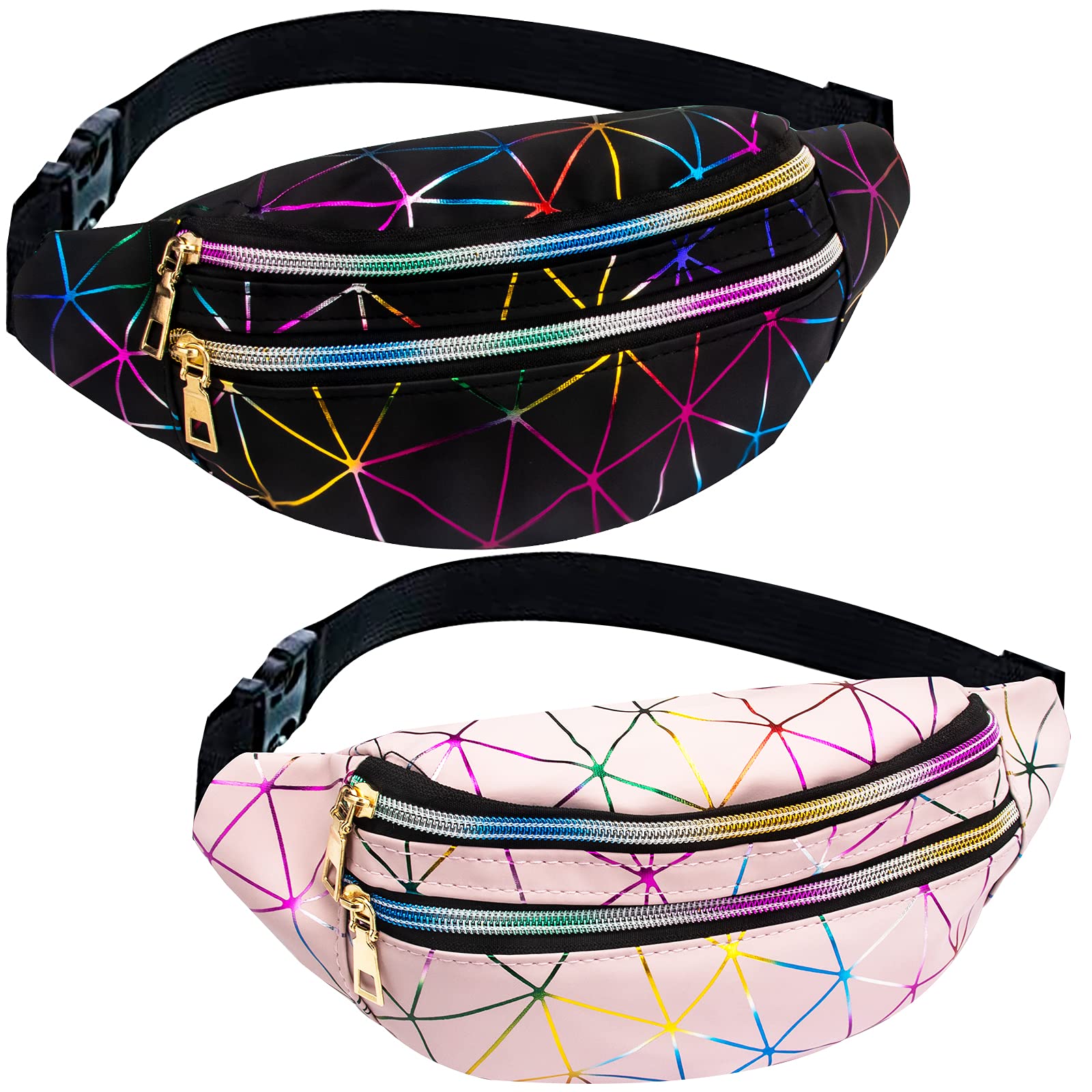 2 Pieces Holographic Fanny Packs Fashionable Waist Packs Shiny Waterproof Belt Bag for Women Men for Travel Party Festival Running