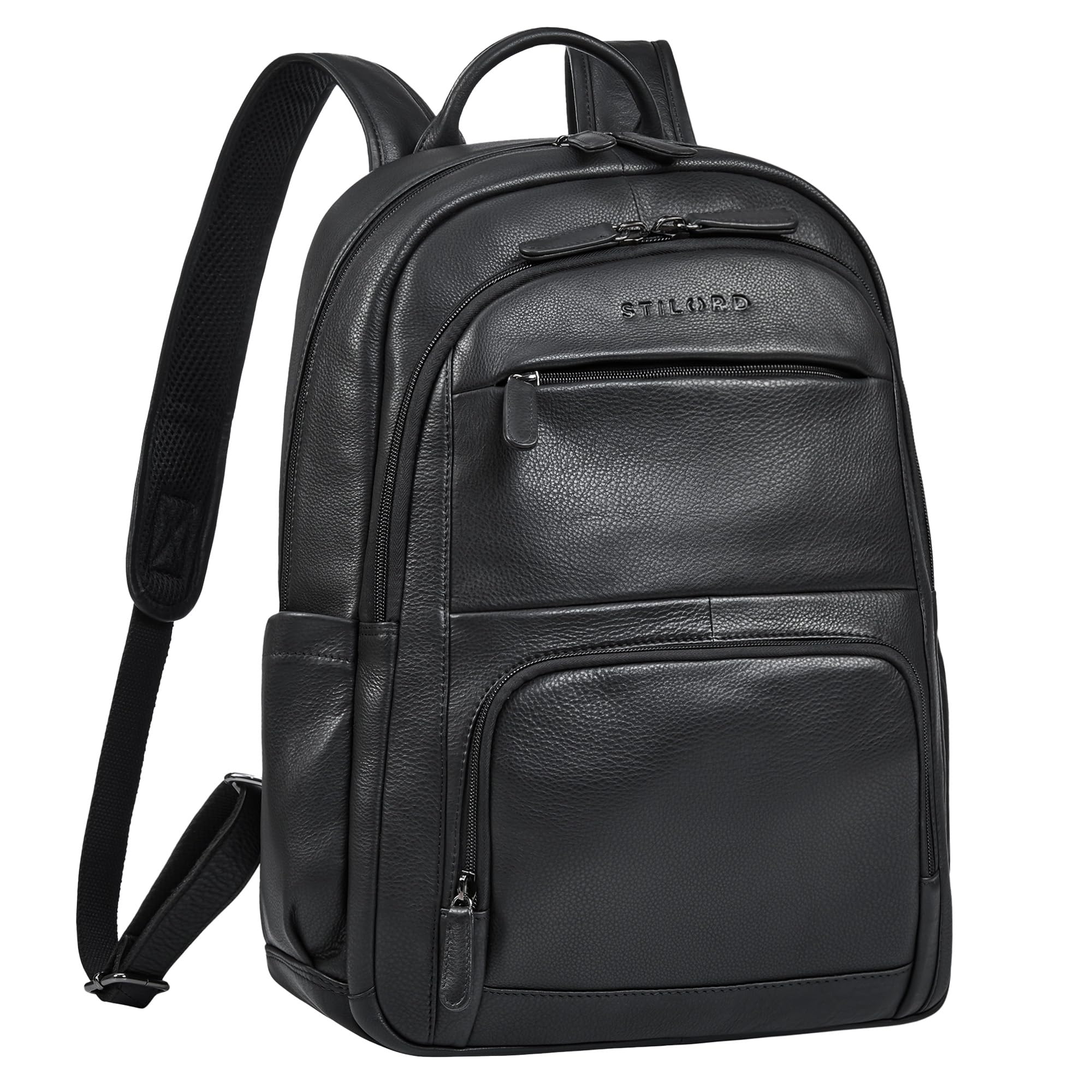 STILORD 'Ramiro' Grande Mochila Hombre Trabajo de Cuero Auténtico - Backpack Travel Robusta Muchos Compartimentos para Portátil de 15,6-16' con Sujeción para Trolley, Color:Negro
