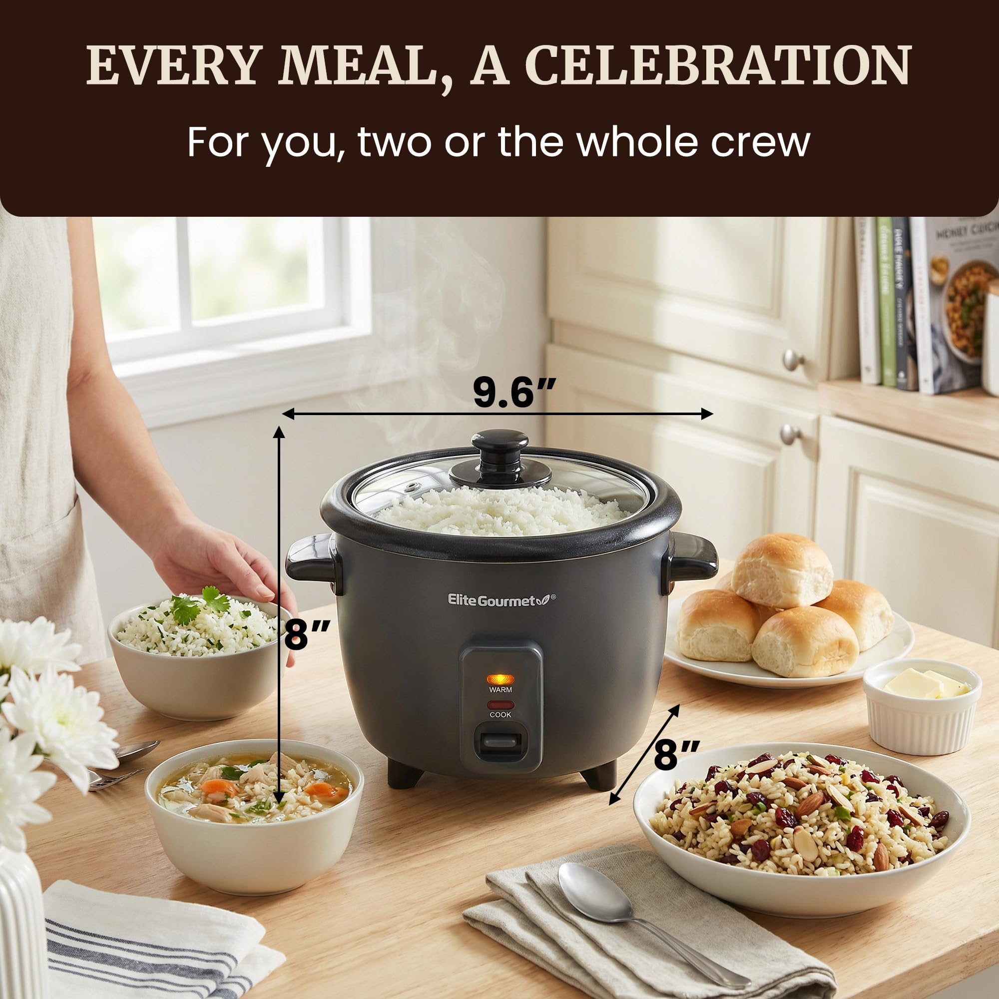 Elite Gourmet ERC6GC - Arrocera de cerámica de 6 tazas, olla interior antiadherente Ceralast™ sin PFAS, mantiene el calor automático, tapa de vidrio templado, cocina con un solo toque, taza medidora y