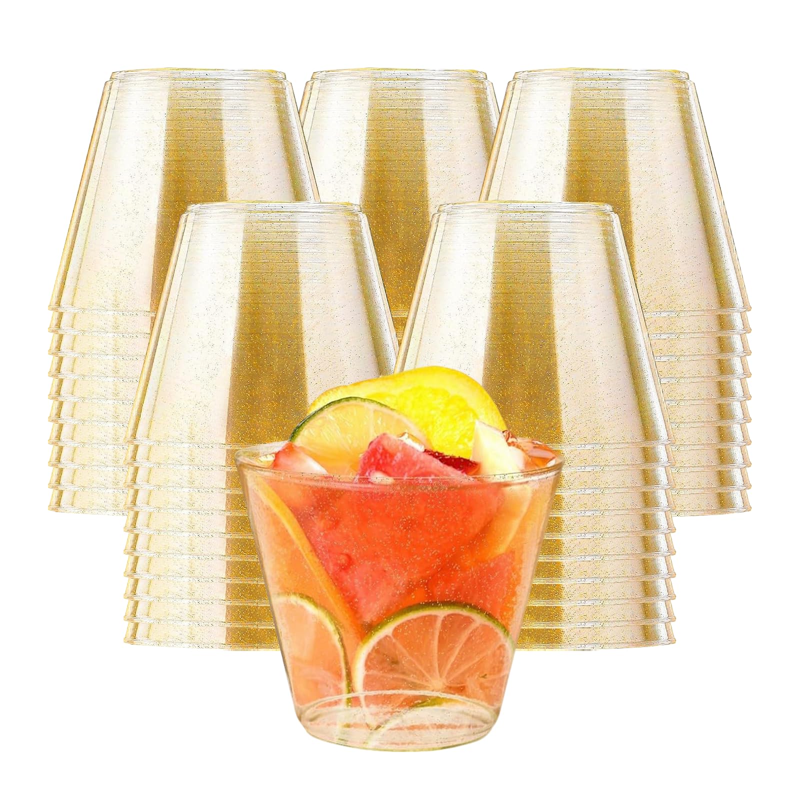JUNJIEFU 50Pcs Clear Hard Plastic Cups with Gold Glitter, 9oz Reusable Gold Party Cups, Gold Plastic Cups Perfect for Juice Beer Cocktail Soda Yogurt Dessert Ice Coffee Milkshakes