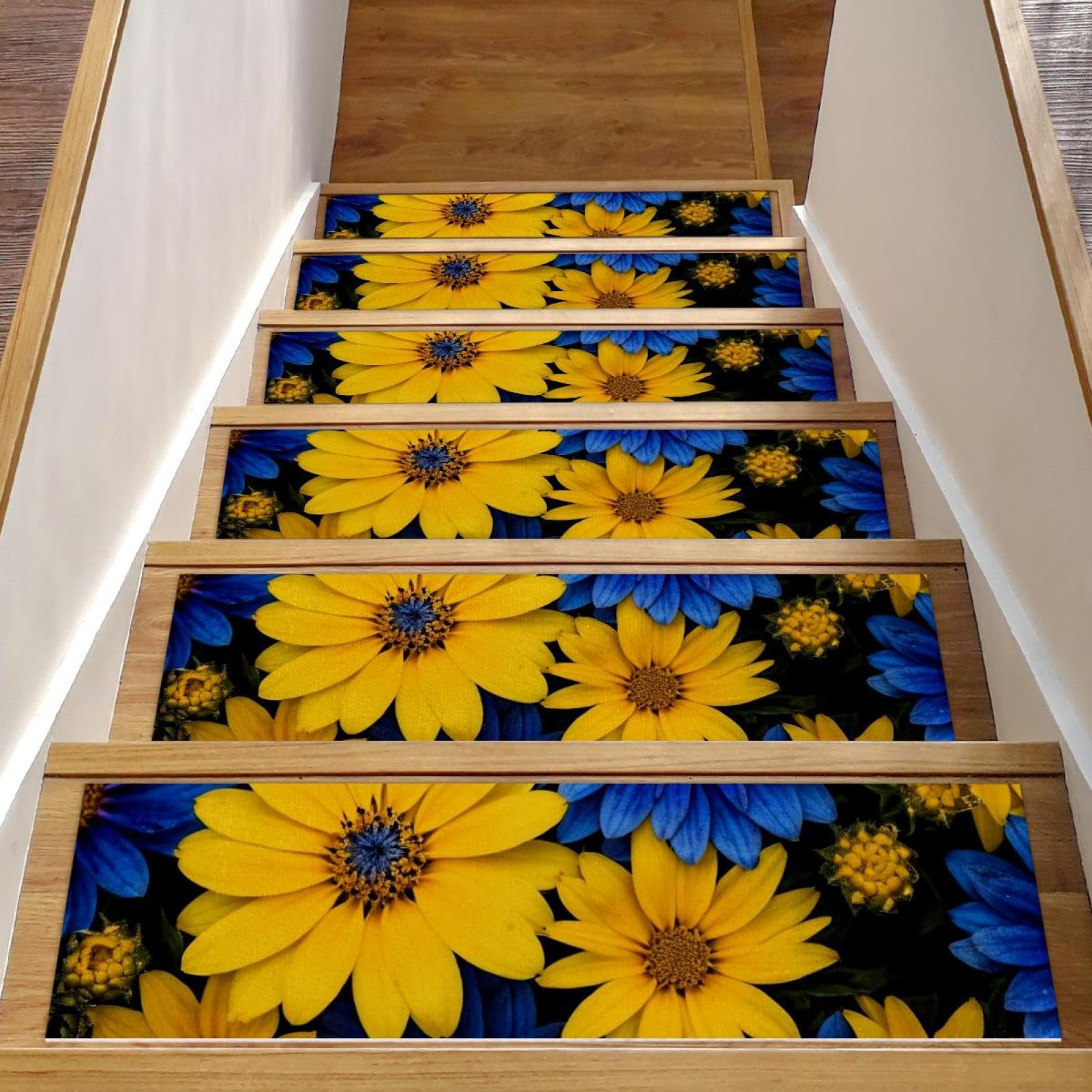 Tapis d'escalier antidérapant bleu et jaune pour marche en bois intérieur lot de 15