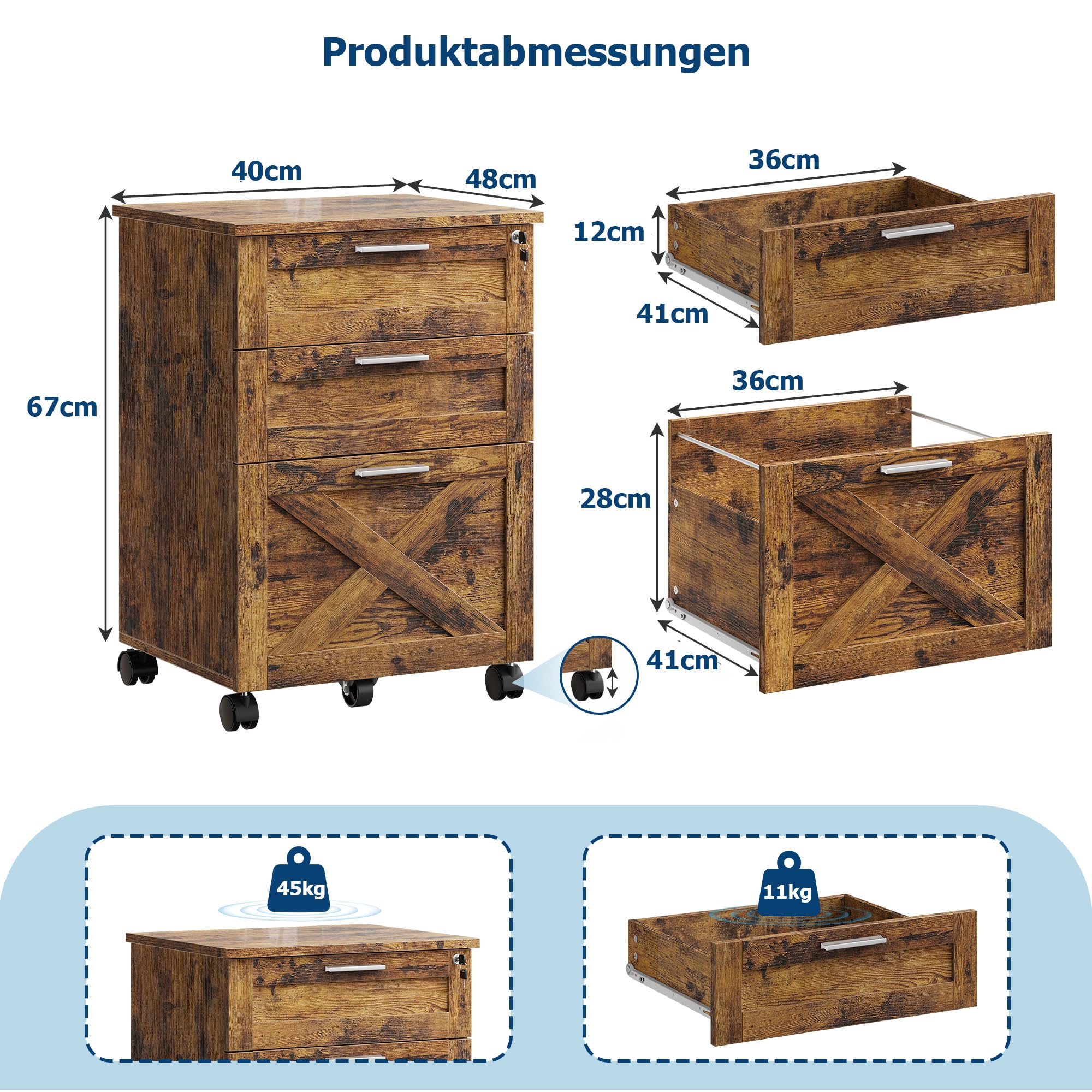 Garvee Aktenschrank,Rollcontainer,Büroschrank,mit 3 Schubladen,Abschließbar,Büro-Aktenschrank mit Hängeregisterfach - 48 x 40 x 68 cm,Rustikales Braun