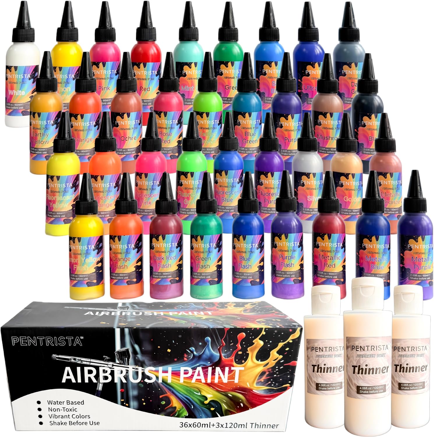 Set di colori per aerografo da 60 ml, 3 diluenti da 120 ml | colori acrilici opachi e a base di lavaggio, carta, tele, modelli, kit di colori per aerografo in legno