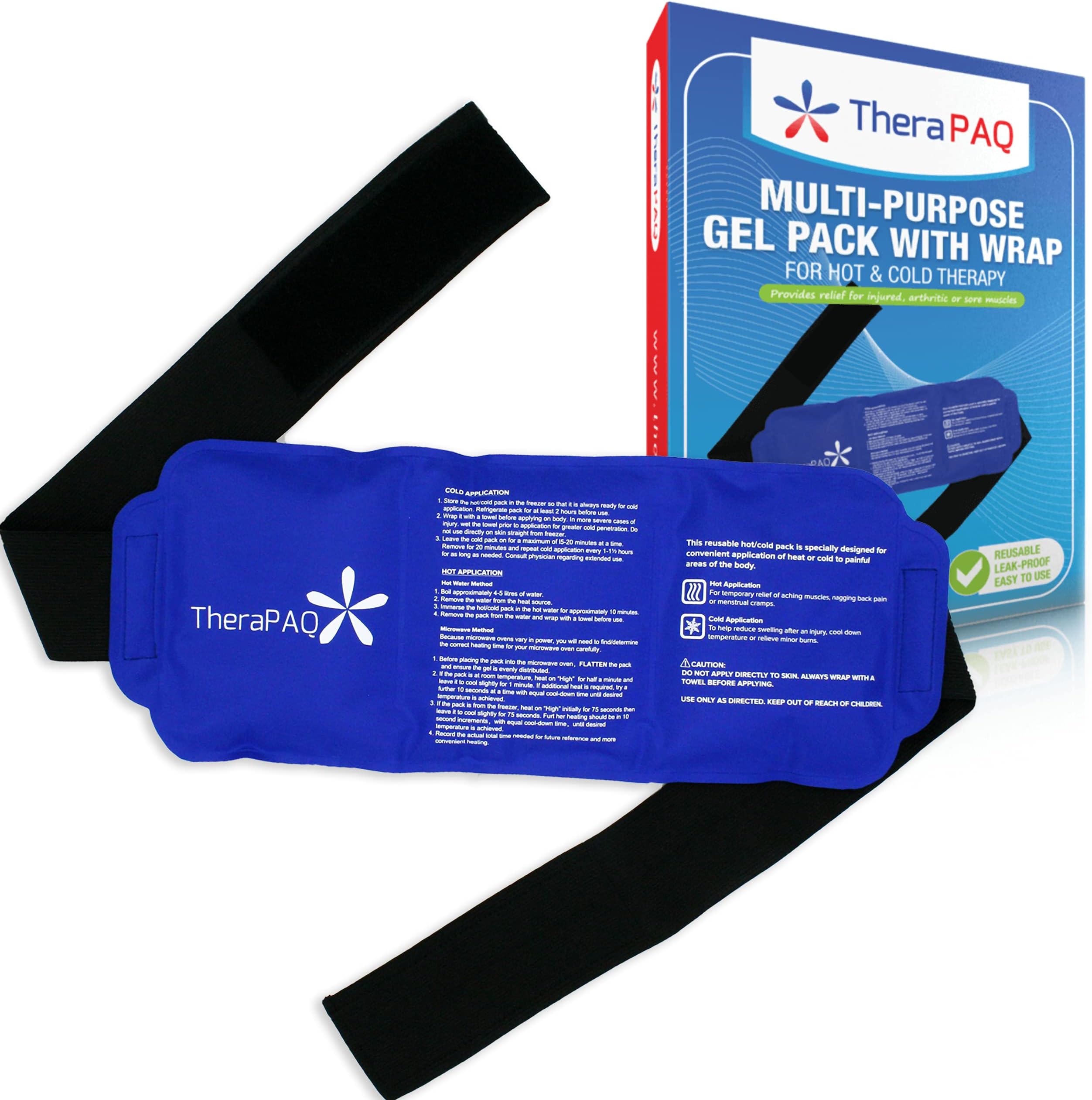 TheraPAQ Ice Pack for Injuries - 35 x 15 cm Hot & Cold Ice Packs for Injuries Reusable - Adjustable Gel Compress Wrap for Cramps, Back, Ankle, Knee and Shoulder Discomfort