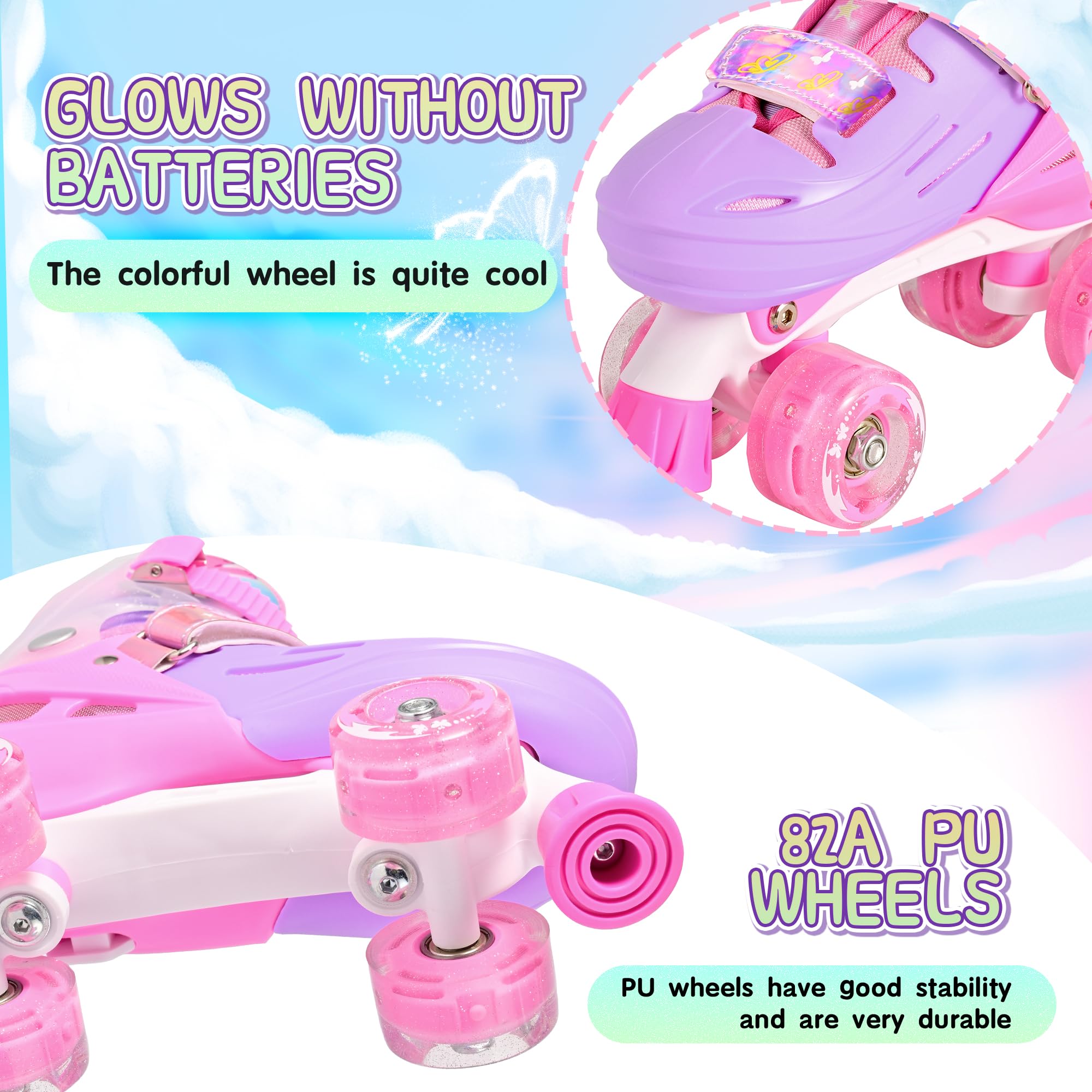 2PM SPORTS Patins à roulettes pour Enfants Fille - Rose Bleu Réglable 4 Roues pour Débutant Intérieur Extérieur