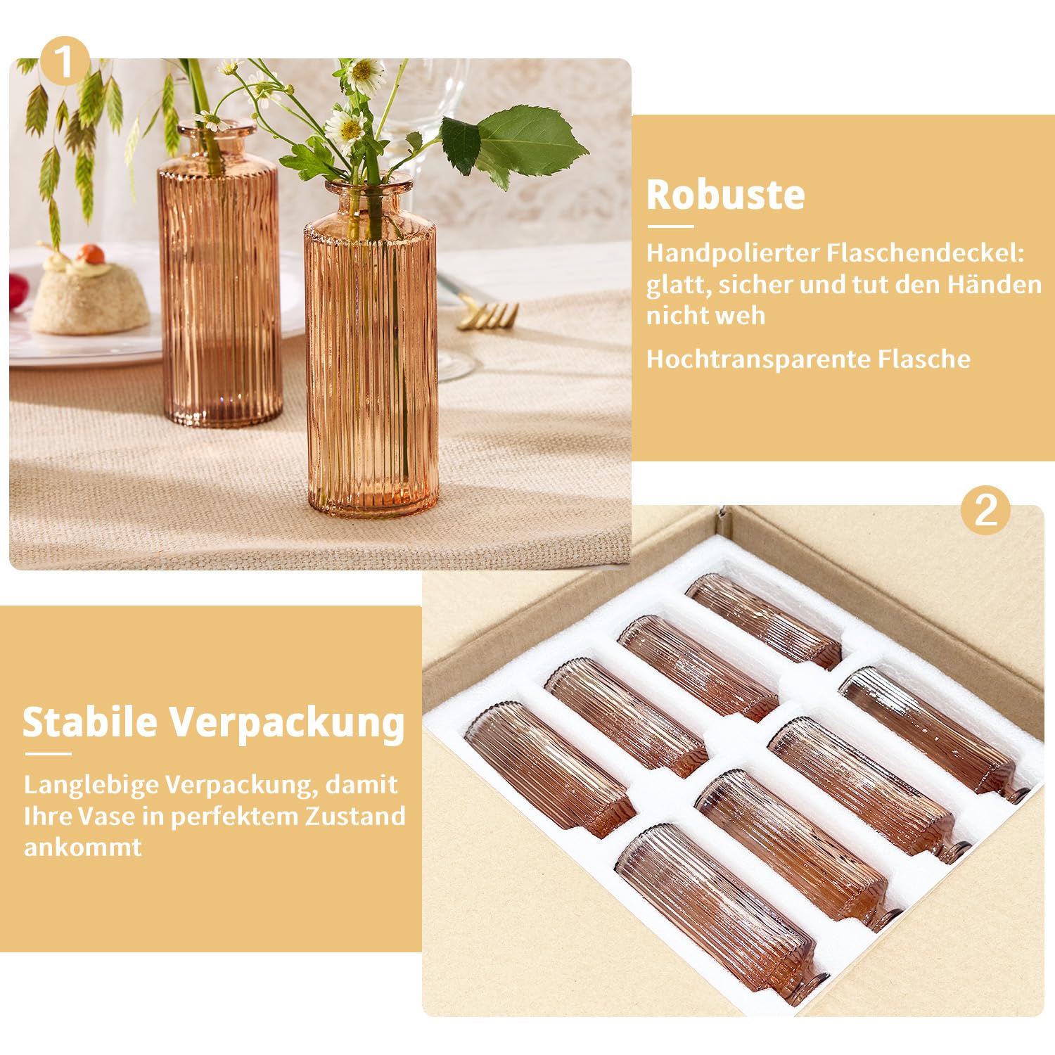 Jarrones pequeños, 16 Juegos de jarrones de Vidrio para la decoración de la Mesa Mini jarrones para familias, Bodas, cumpleaños, Botellas de Vidrio para Fiestas(ámbar Vertical)