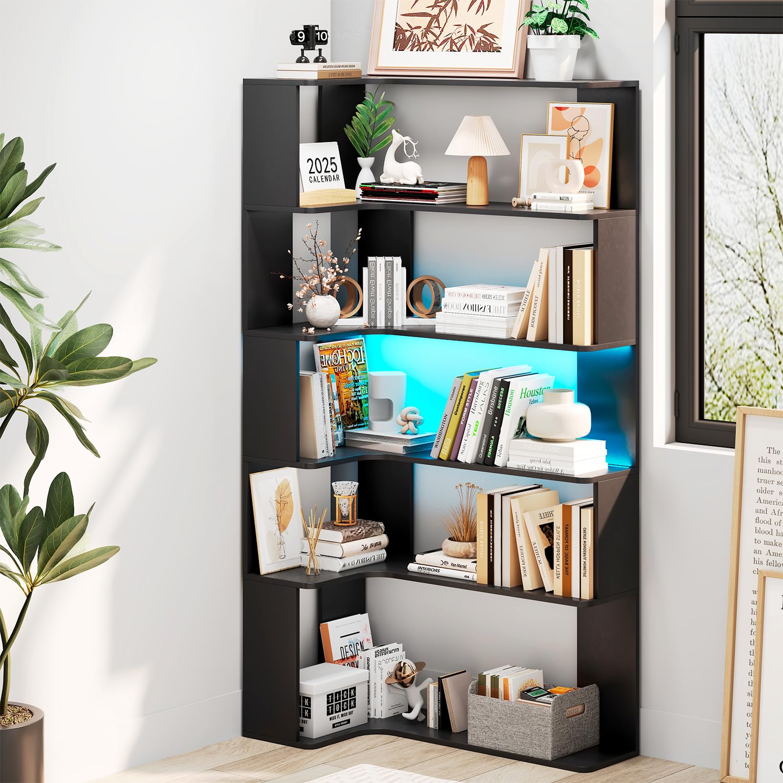 Libreria Angolare con Striscia Luminosa a LED, 5 Ripiano Libreria Nero, scaffale a forma di L, 90 x 48 x 169 cm, Grande Verticale per Soggiorno, Camera da Letto, Ufficio