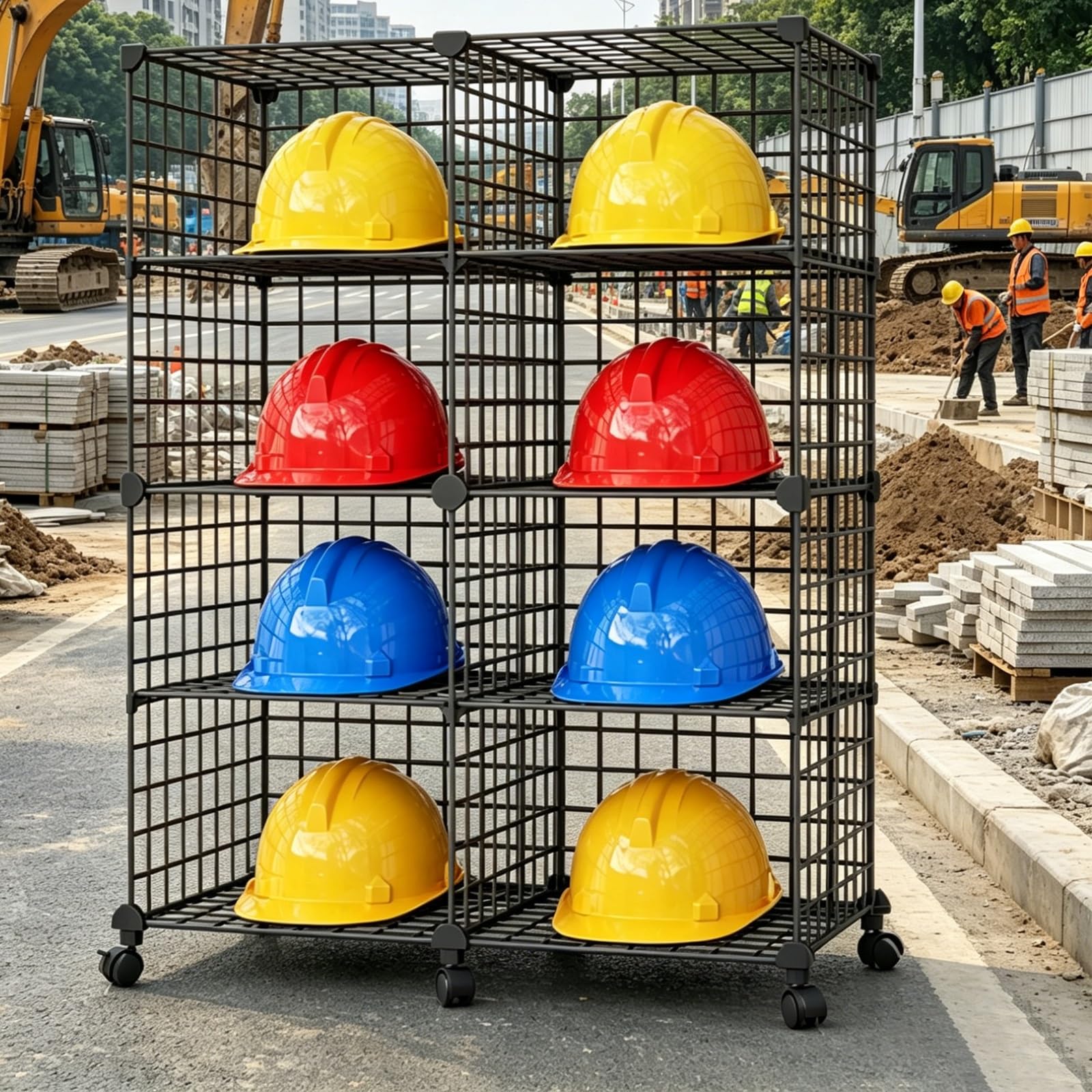soporte casco moto Estante De Almacenamiento De Alambre Para Sombrero, Caja De Almacenamiento Apilable De 8 12 16 Cubos Para Casco Con Ruedas, Exhibición De Casco De Juez De Línea De Pie(8 cube)