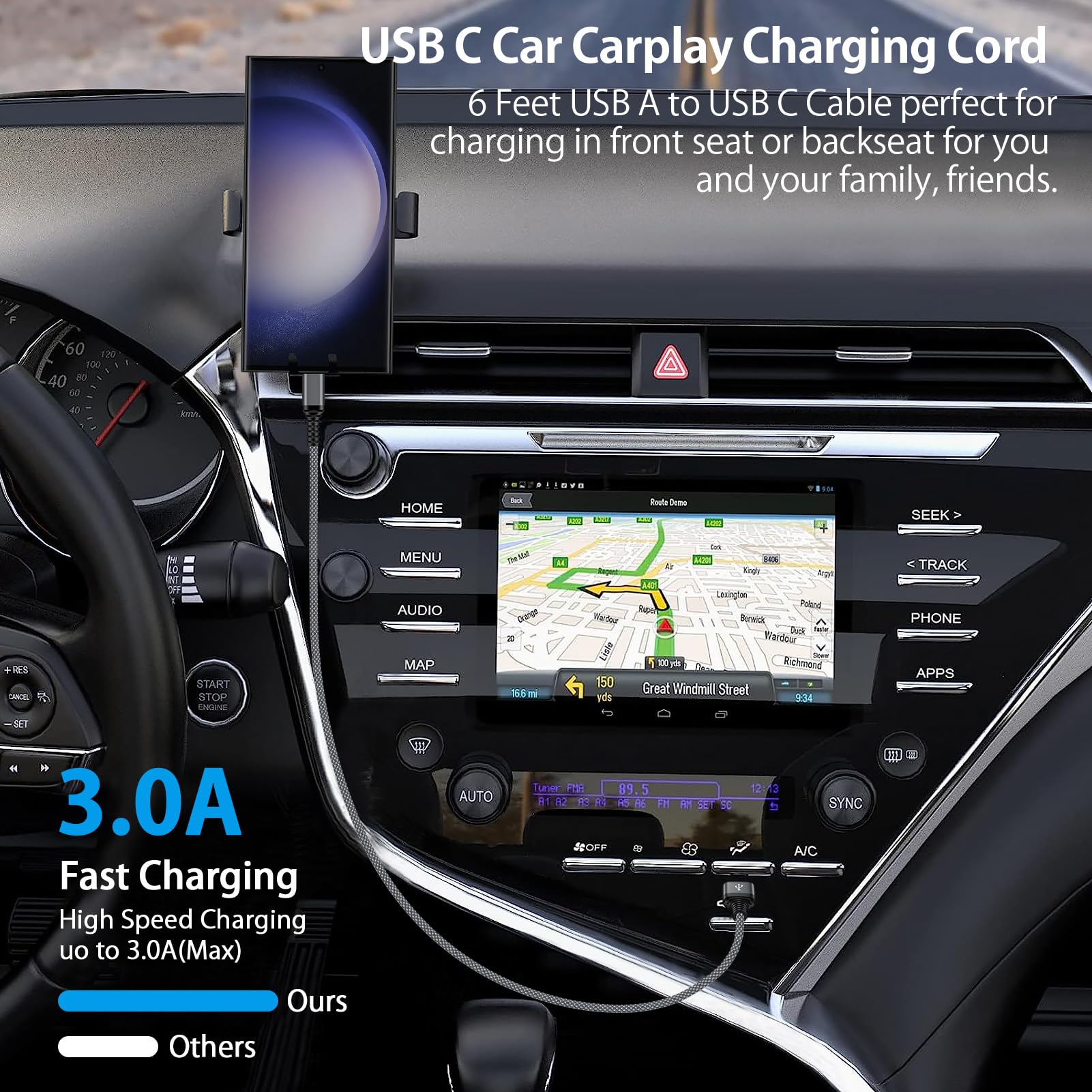 Cable de carga USB A a USB C para iPhone 17 16 15 Pro Max Air 16e 16 15 Plus Cable Carplay para coche, cable trenzado de carga rápida para Galaxy S25 A17 A16