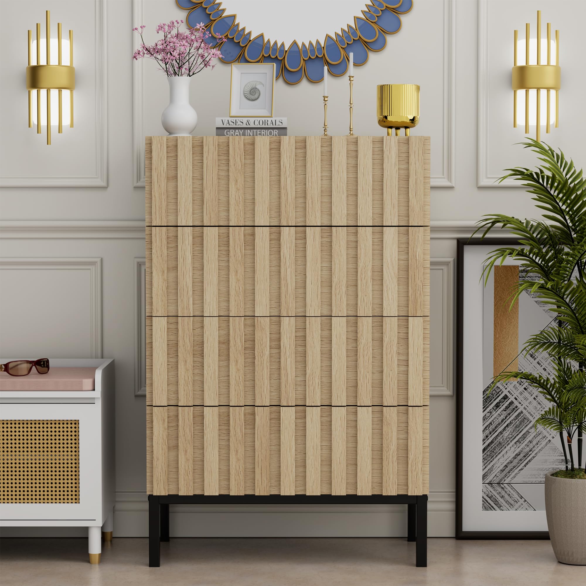 UEV 4 Drawer Chest of Drawers – Slim Vertical Storage Cabinet with Wood Slat Design, Metal Legs and Handle-Free Front for Bedroom or Hallway, Ivory White — image 1