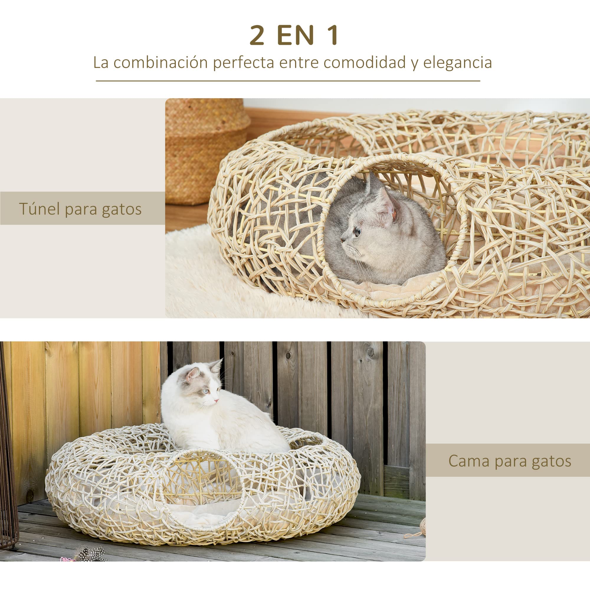 PawHut Cama de Ratán para Gatos 78x69x22 cm con Cojín Suave, 3 Orificios de Acceso y Túnel de Madera Natural