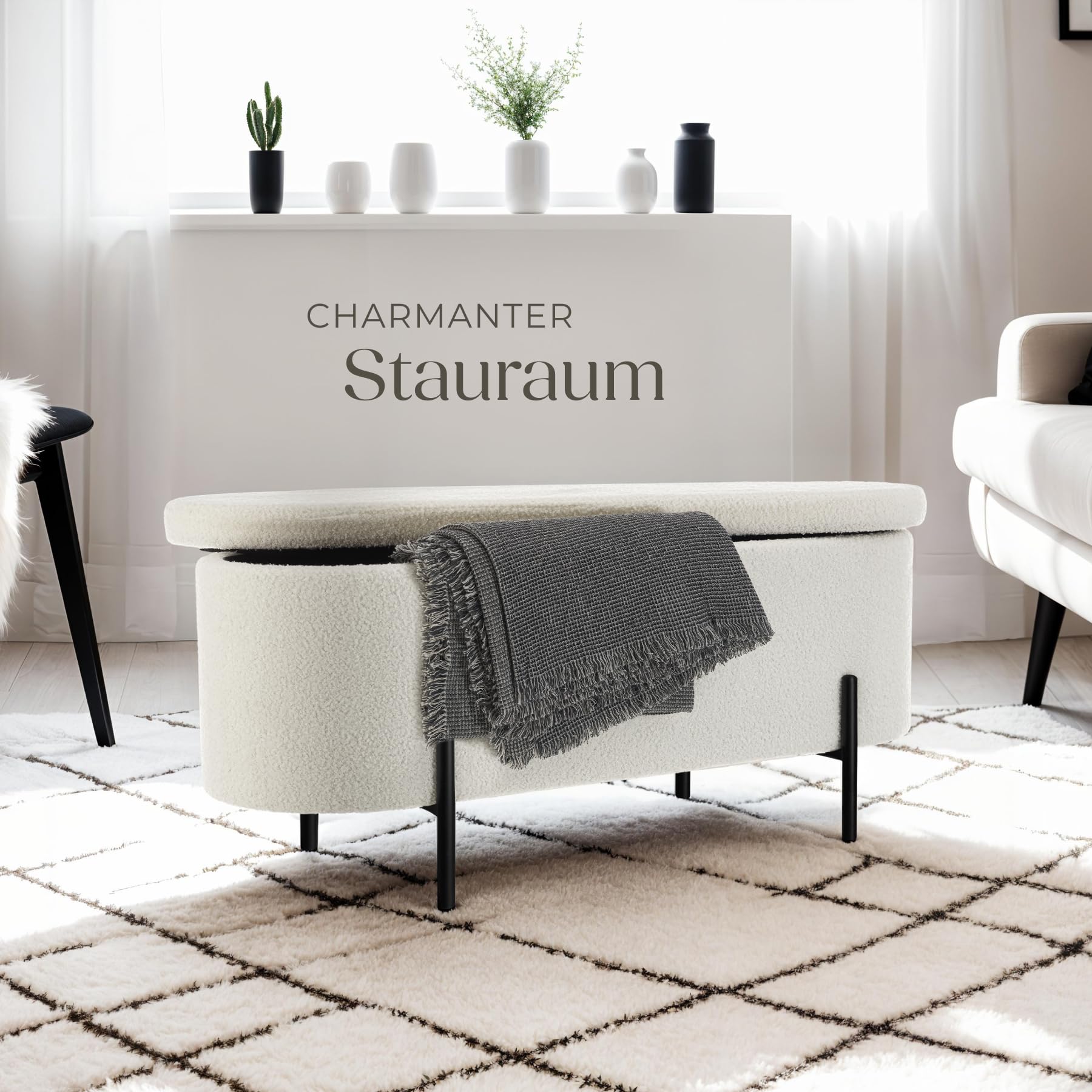 tectake® Sitzbank mit Stauraum, Truhe mit Deckel, Polsterbank Sitztruhe als Bettbank mit Stauraum, Aufbewahrungskiste, Sitztruhe mit Stauraum, gepolstert, mit Bouclé Stoff im Scandi Style
