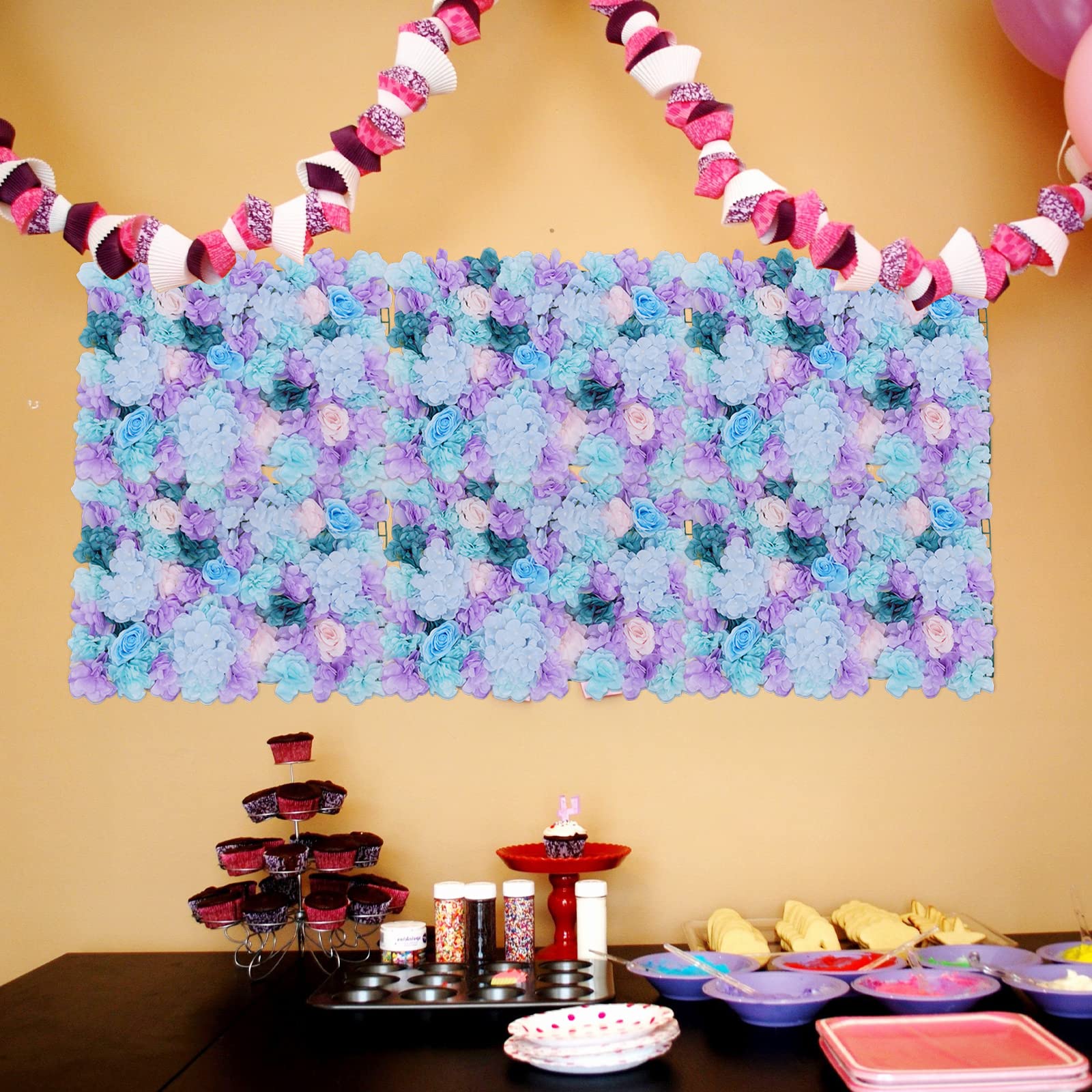 6 Stück DIY Deko Blumen Wandpaneele Hochzeit Hintergrund, Künstliche Blumen Wandhintergrund Seidenblumen Wand Panel, Dekorative Kunstblumen-Wandmatte Wanddekoration für Hochzeit Party (Blau)