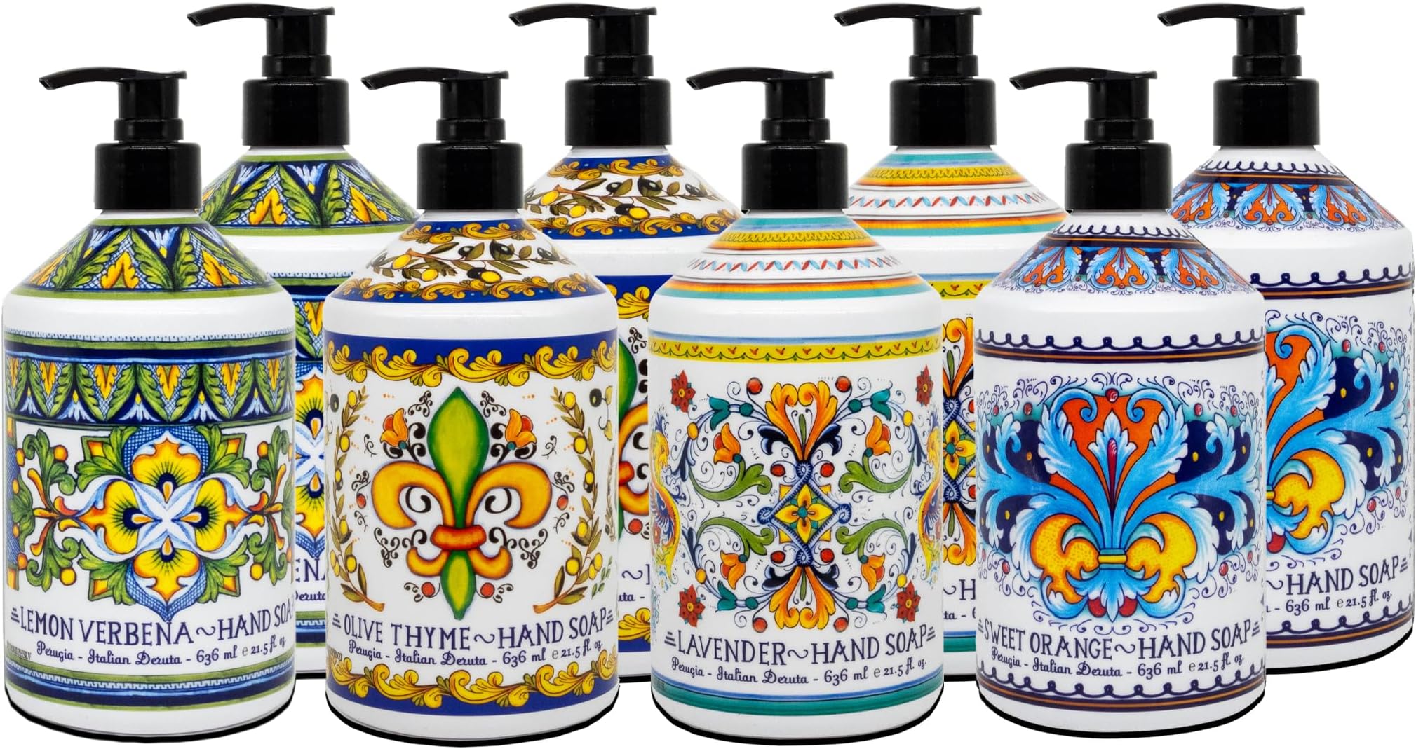 Perugia Italian Deruta Hand Soap - 21.5 fl oz Bottles - 8 pack - Lavendar, Sweet Orange, Lemon Verbana, and Olive Thyme