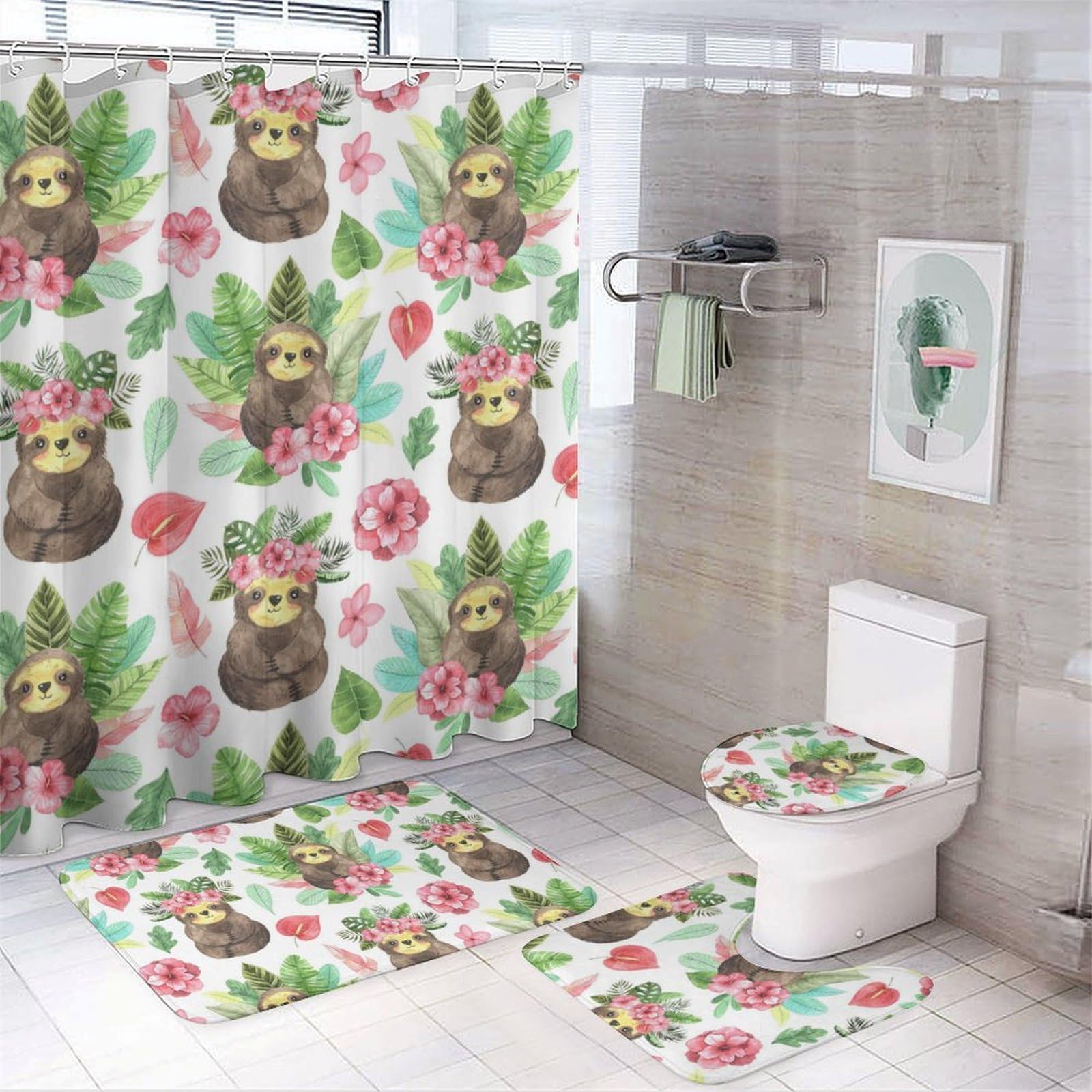 JiuPopular Bathroom Mat Set 4 Piece, Pink Floral Sloth Shower Curtain with Non-Slip Bath Mats for Bathroom