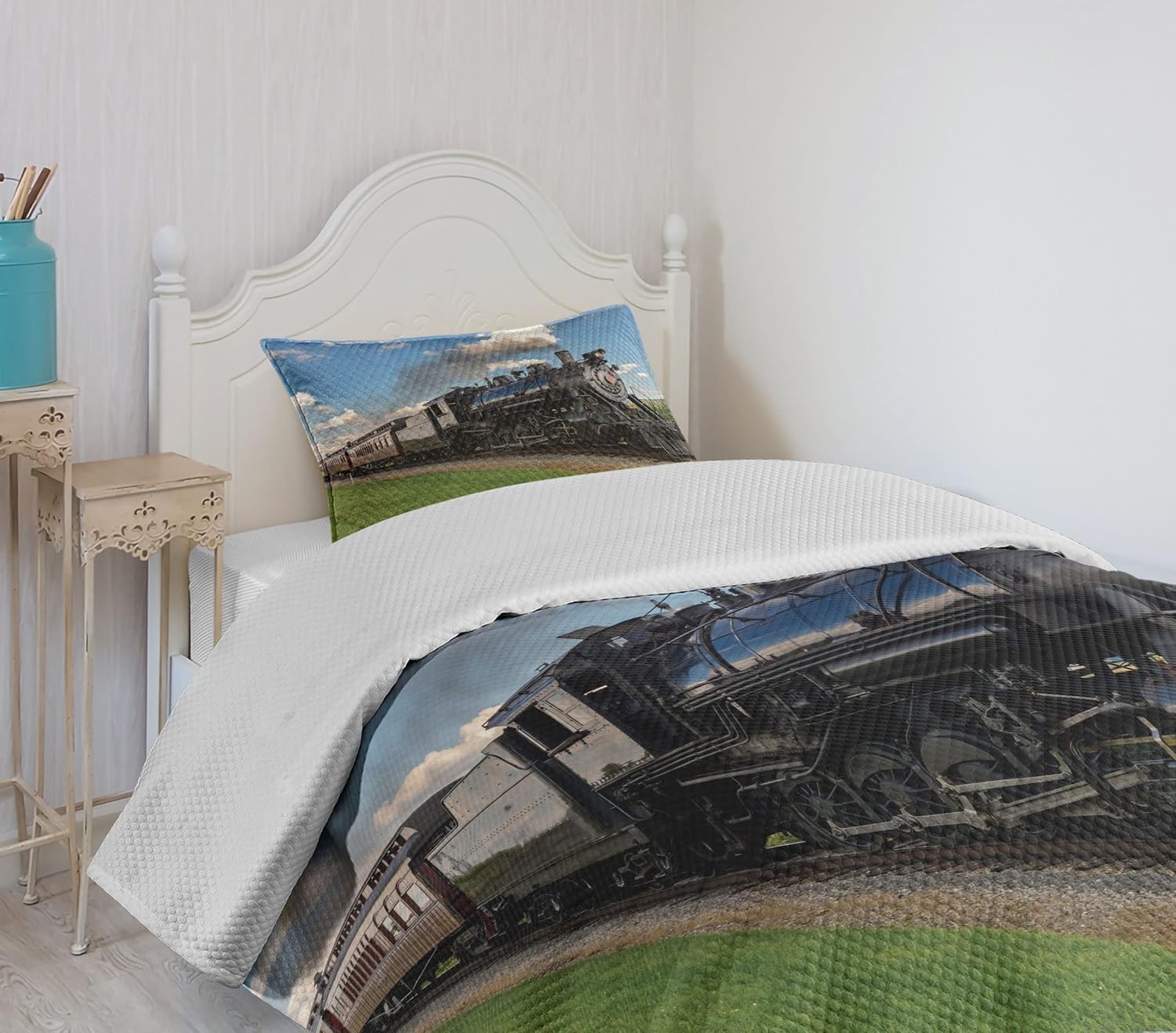 Ambesonne Steam Engine Bedspread, Vintage Locomotive in Countryside Scenery Green Grass Puff Train Picture, Decorative Quilted 2 Piece Coverlet Set with Pillow Sham, Twin Size, Green Blue Twin Size Green Blue