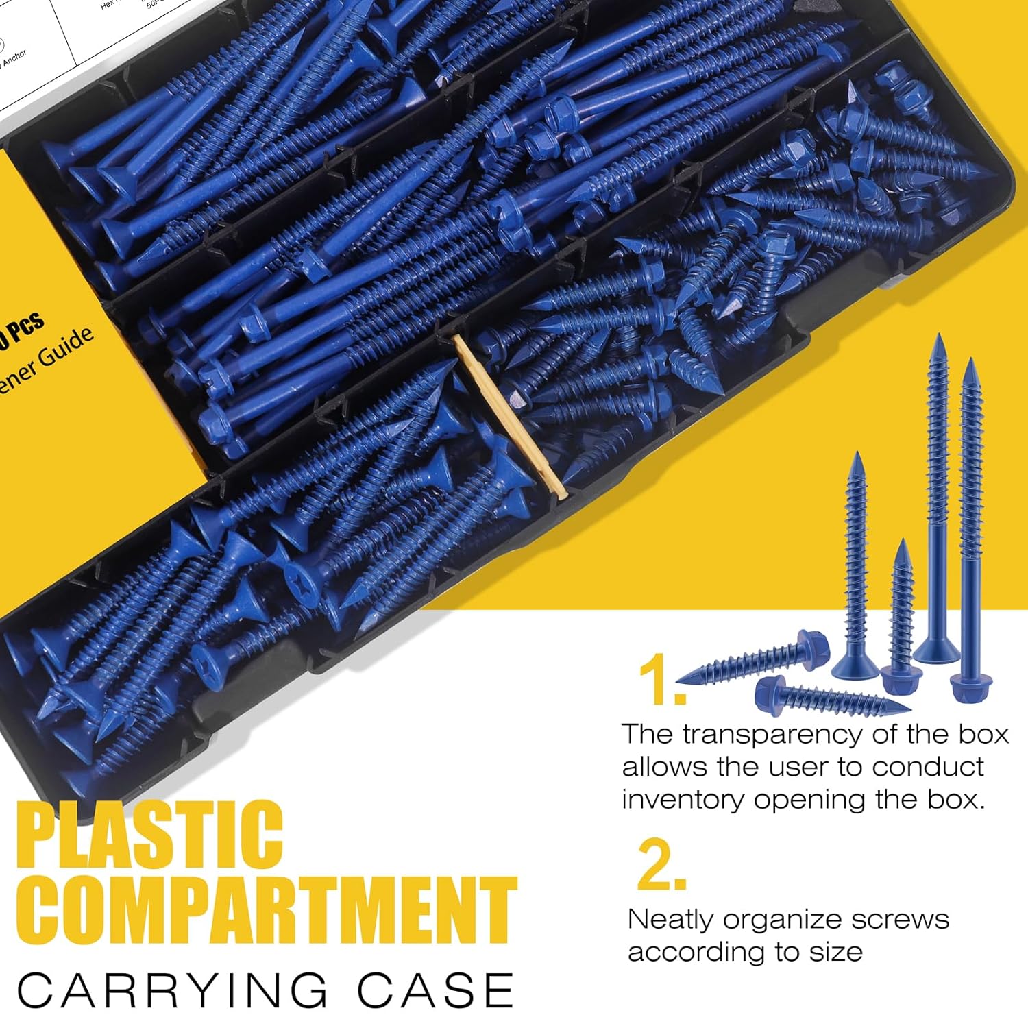 170Pcs 1/4 Concrete Screw Assortment Kit with Drill Bit - 4 Size Flat & Hex Head Masonry Screws Sets for Concrete Brick Block Cement, Diamond Point