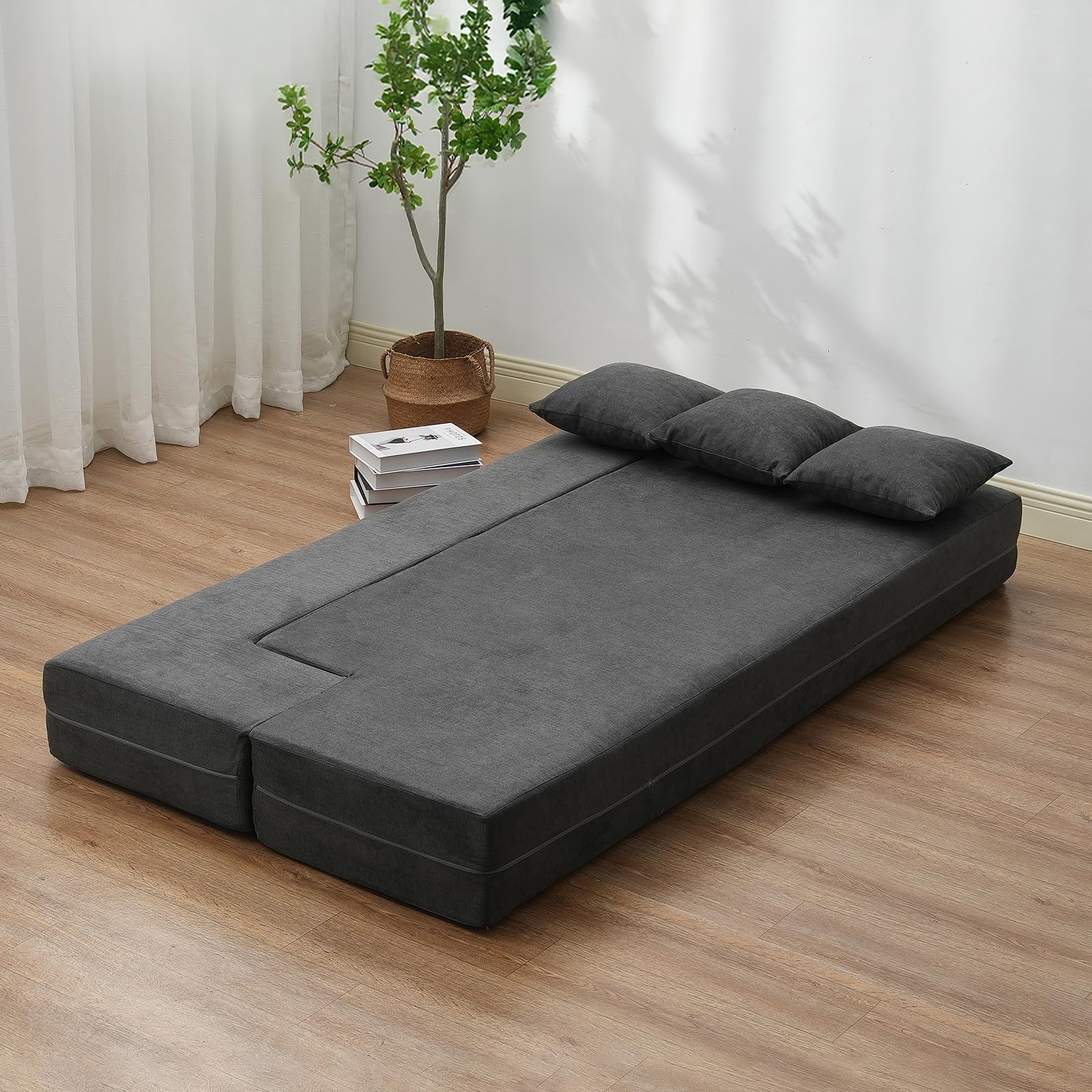 VEVOR Canapé-lit pliant 3 en 1, fauteuil-lit convertible pliable avec 3 oreillers et housse lavable, canapé-lit futon en mousse à mémoire de forme, pour salon, chambre, gris foncé, 103 x 193 cm (Twin)