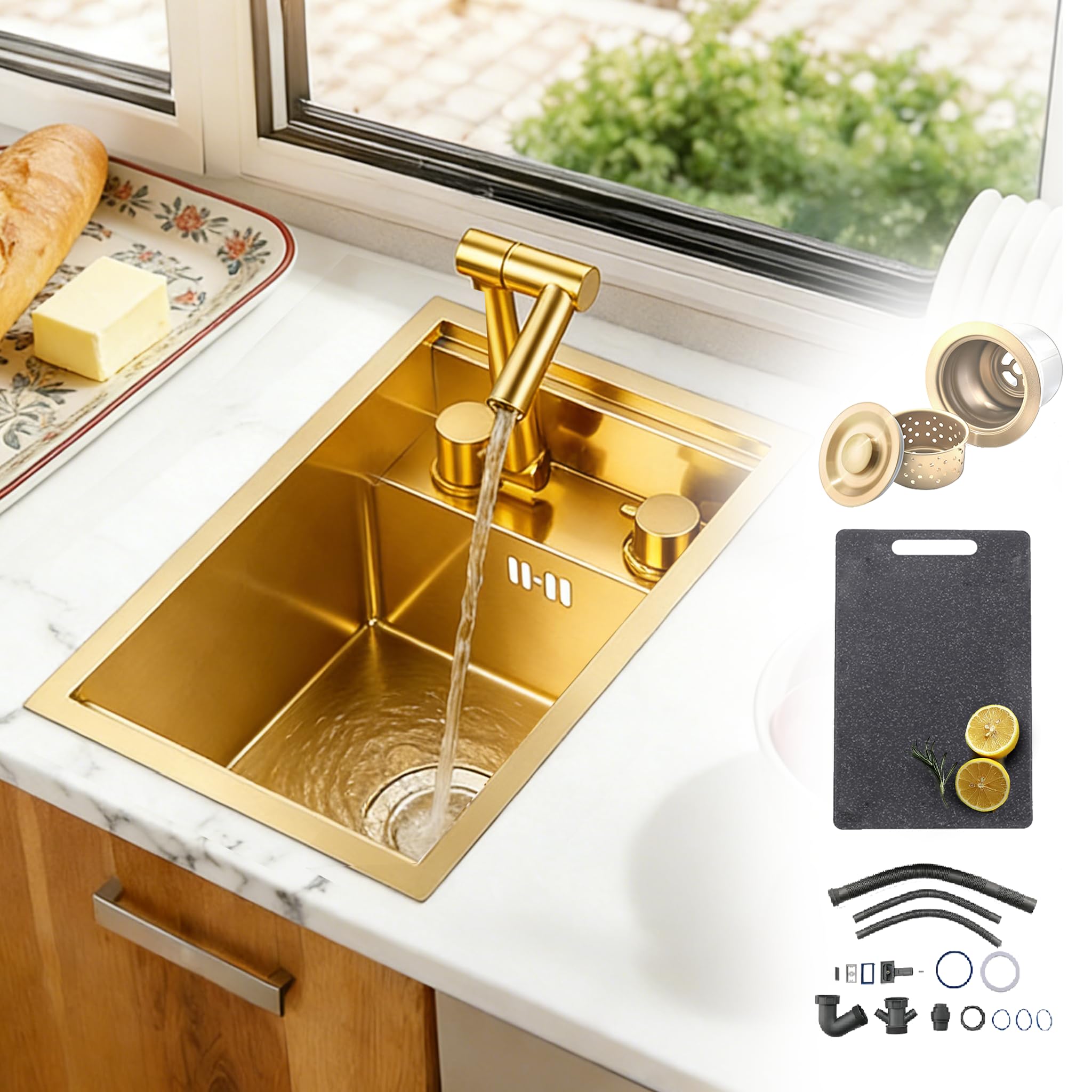 Gold Bar Évier de Bar de Cuisine Dissimulé Caché avec Robinet Pliable, 30 x 45 cm RV Small Stainless, Petit Lavabo en Acier de Calibre 16 Bac Simple Doré Pour Bars D'extérieur, Camping Car
