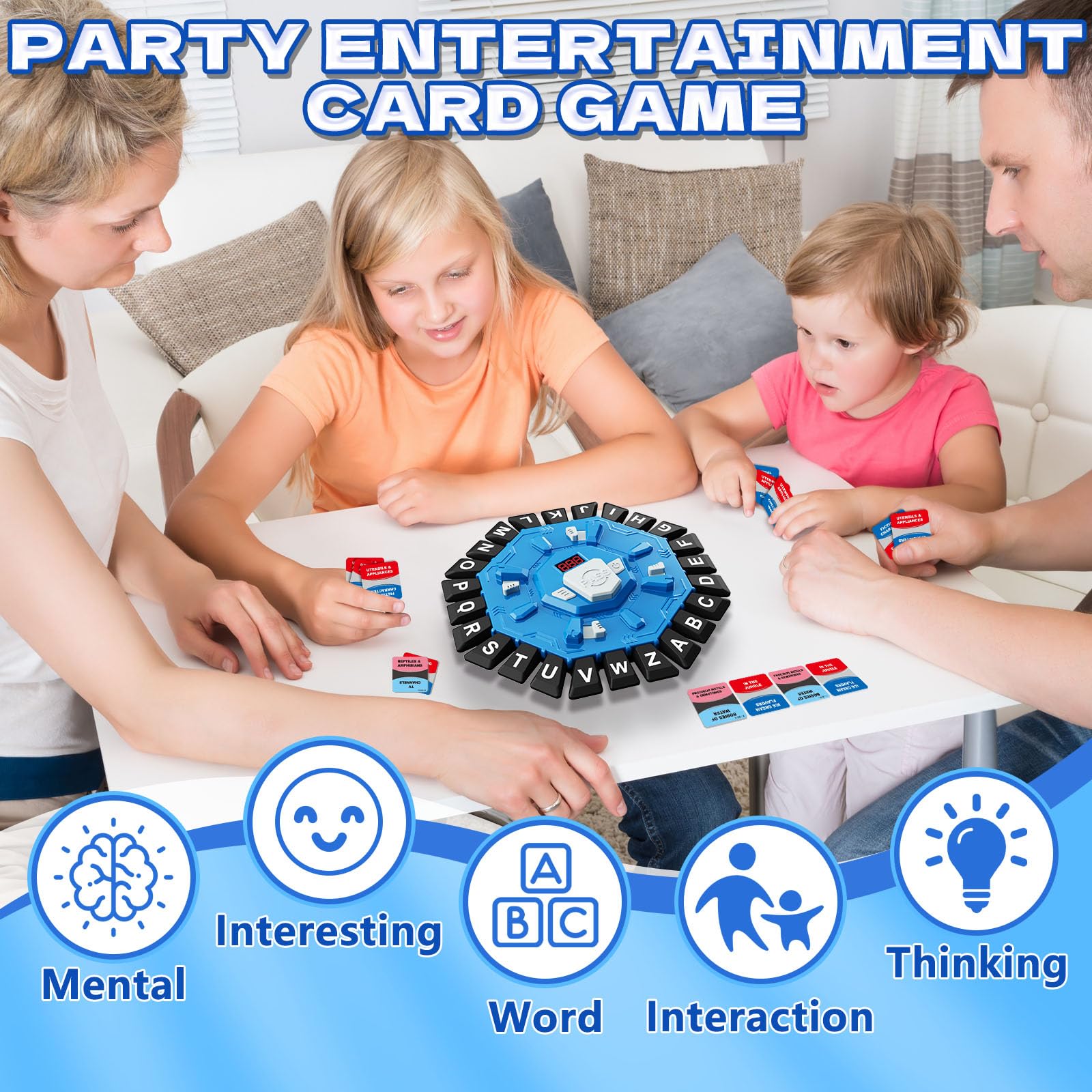 Juego de palabras, juego de mesa familiar con temporizador de pantalla digital y 2 categorías de modos, divertido juego rápido de 24 letras para fiesta de aprendizaje interactivo (azul) 4