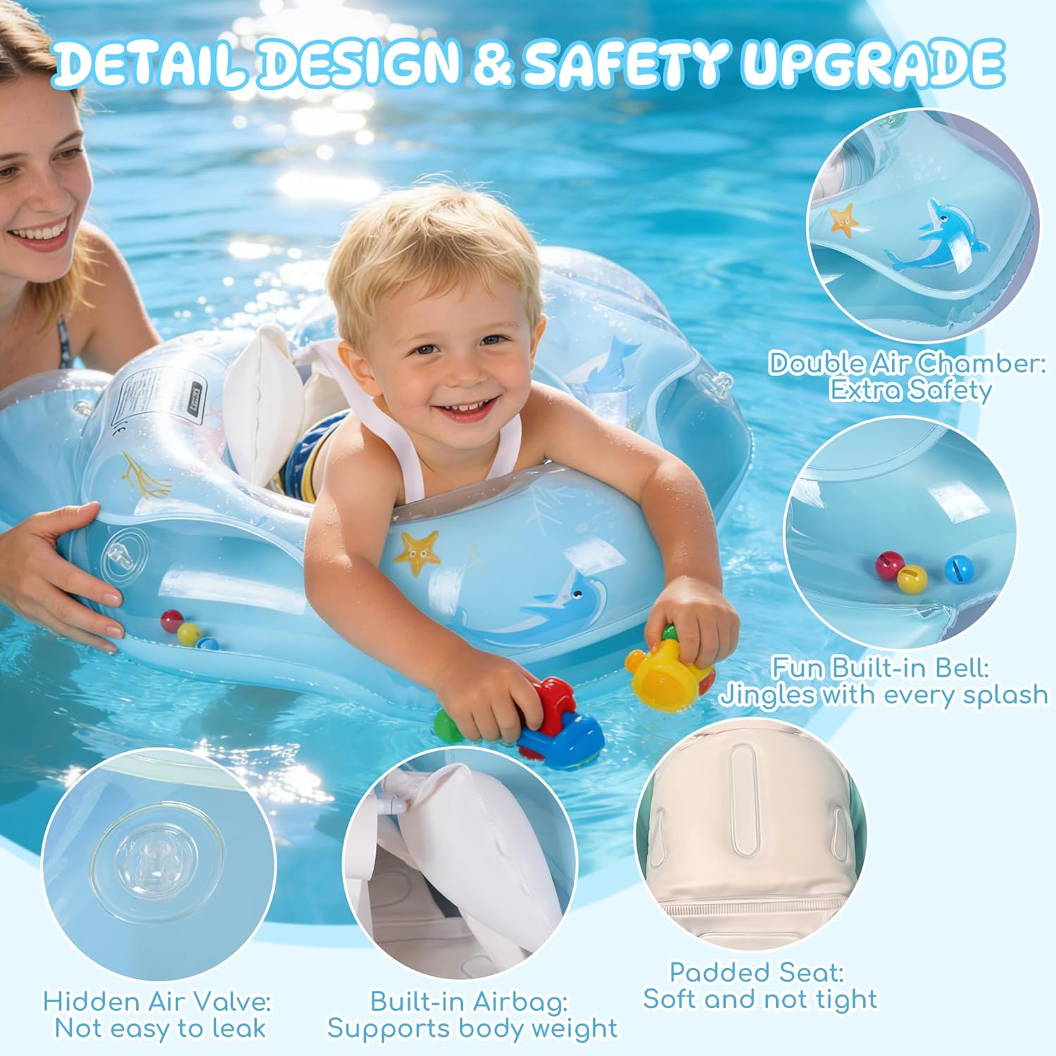 Baby Pool Float with UPF50+ Sun Protection Canopy, Inflatable Baby Float with Adjustable Safety Seat for Toddler from 6 to 36 Months, Baby Swim Float with Dual Air Chambers for Boys Girls(Large, Blue)