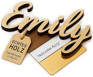 Individueller Schriftzug Holz & Acrylglas - optional 3D-Effekt mit Konturträger - Namensschild als Wanddeko, Türschild, Kinderzimmer, Hochzeit Tischdeko, Geschenk selbstklebend (ein Name)