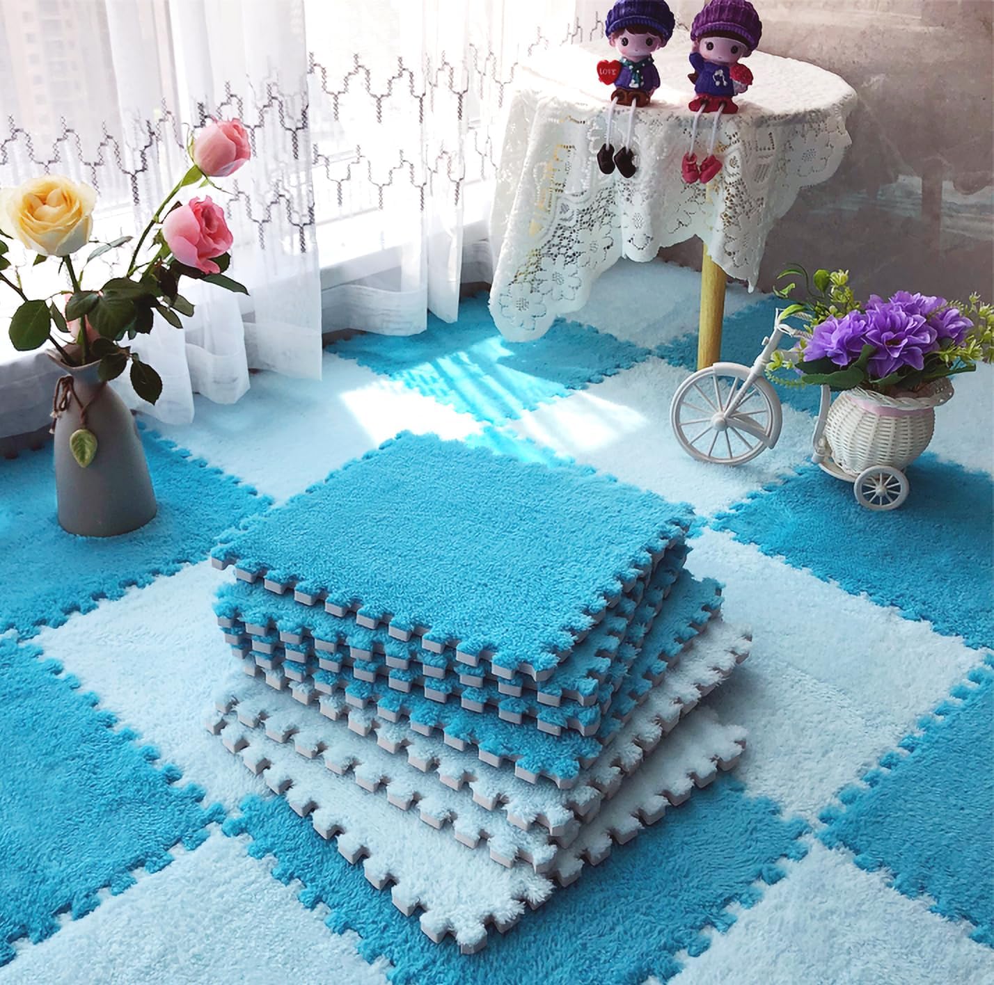 12pcs 0.6in Thick Interlocking Carpet Squares Puzzle Mat EVA Foam Area Tiled Rug for Baby Play Soft Mats (Blue, 11.8in)