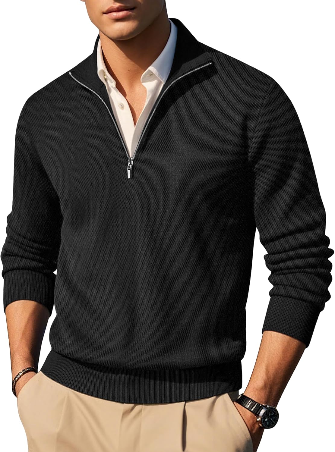 COOFANDY Mens Quarter Zip Pullover Quilted Knit Sweater Slim Match Mock …