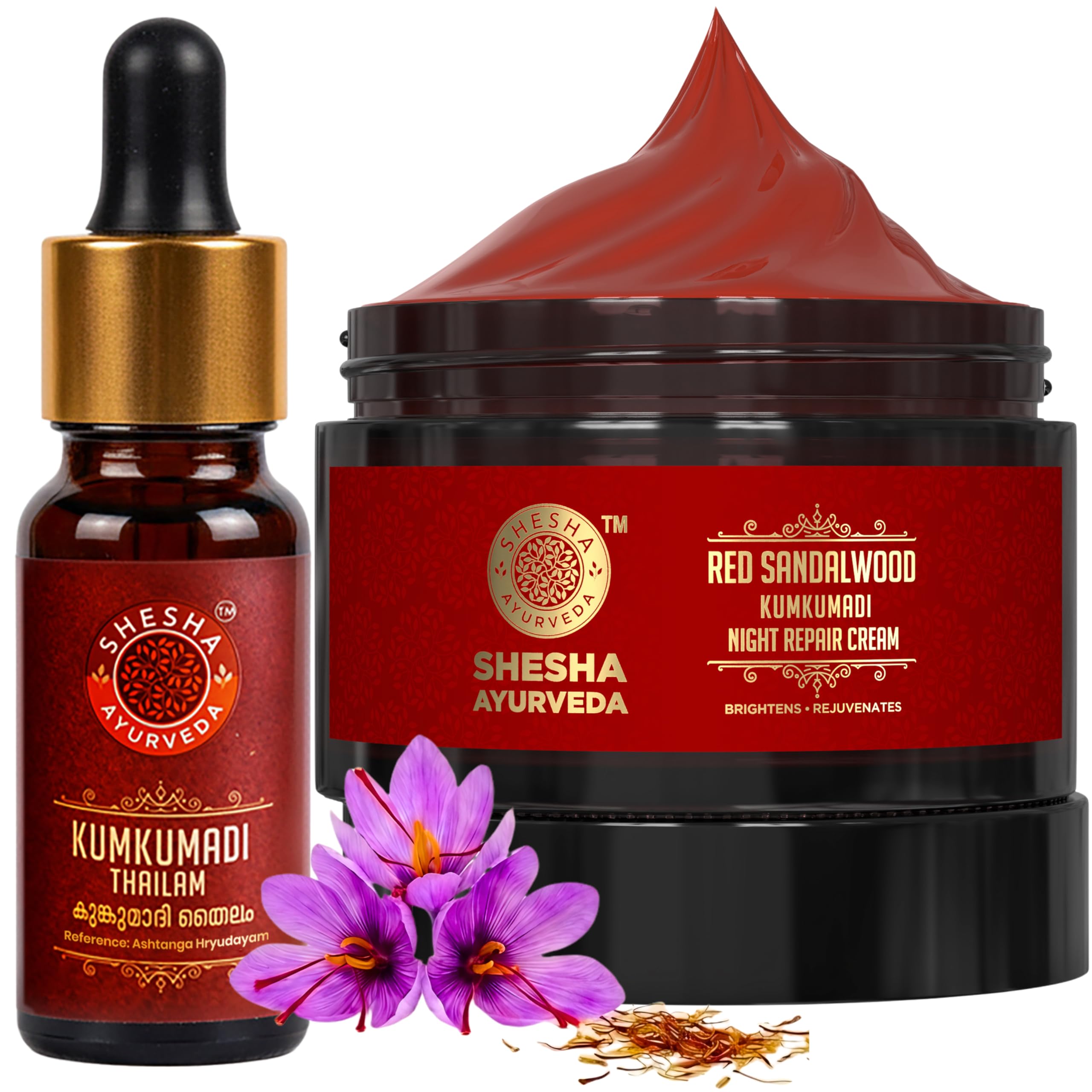 SHESHA AYURVEDA Combo of Red Sandalwood Skin Brightening & Night Repair Cream and Ayurvedic Kumkumadi Thailam | Hydrating anti-aging and radiant skin 50gm+5ml