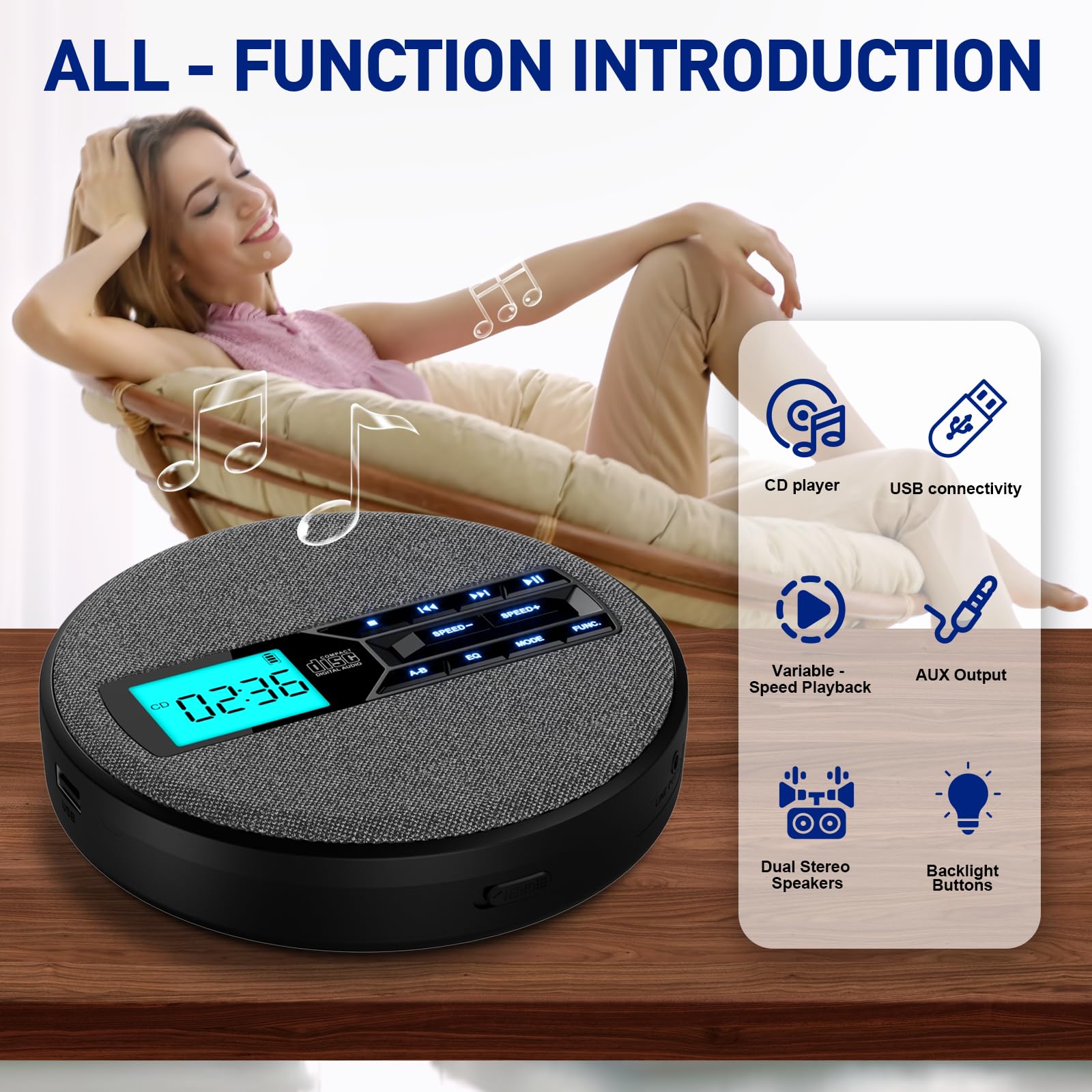 Lecteur CD portable, rechargeable et portable avec double haut-parleurs et anti-saut, CD, USB, AUX, affichage LCD, bouton rétroéclairé, 5 égaliseurs, répétition A-B, 10 vitesses pour (Czarny)