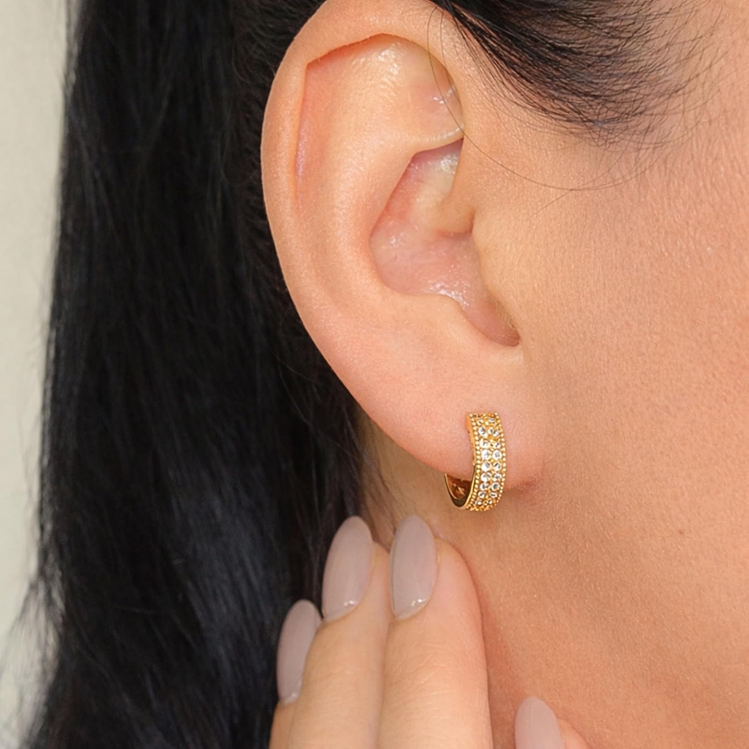 QueenBee 14K Gold Plated Huggie Hoop Earrings for Women – Sparkling Double Row Cubic Zirconia Small Hoops, Hypoallergenic Pave Leverback Earrings, Trendy Jewelry Gift for Her