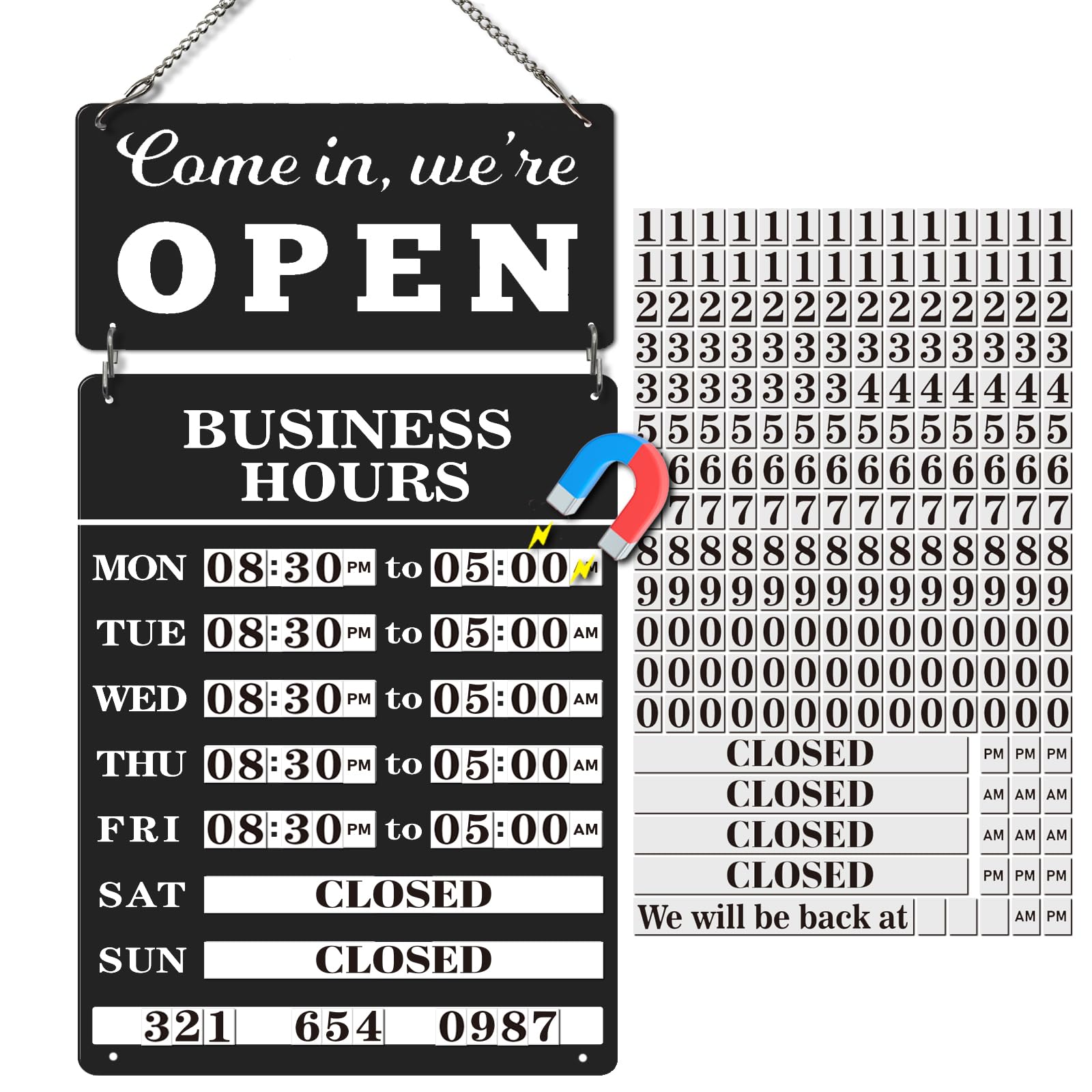 Magnetic Changeable Business Hours Sign with Double Sided Open Closed Signs, Metal Hours of Operation Signs, Store Hours Sign for Glass Door or Window（BLACK）