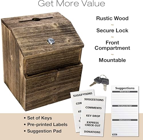 Miniatura 2 de Excello Global Products Caja de sugerencias rústica con candado caja de comentarios de boleta de madera, montado en la pared o independiente.