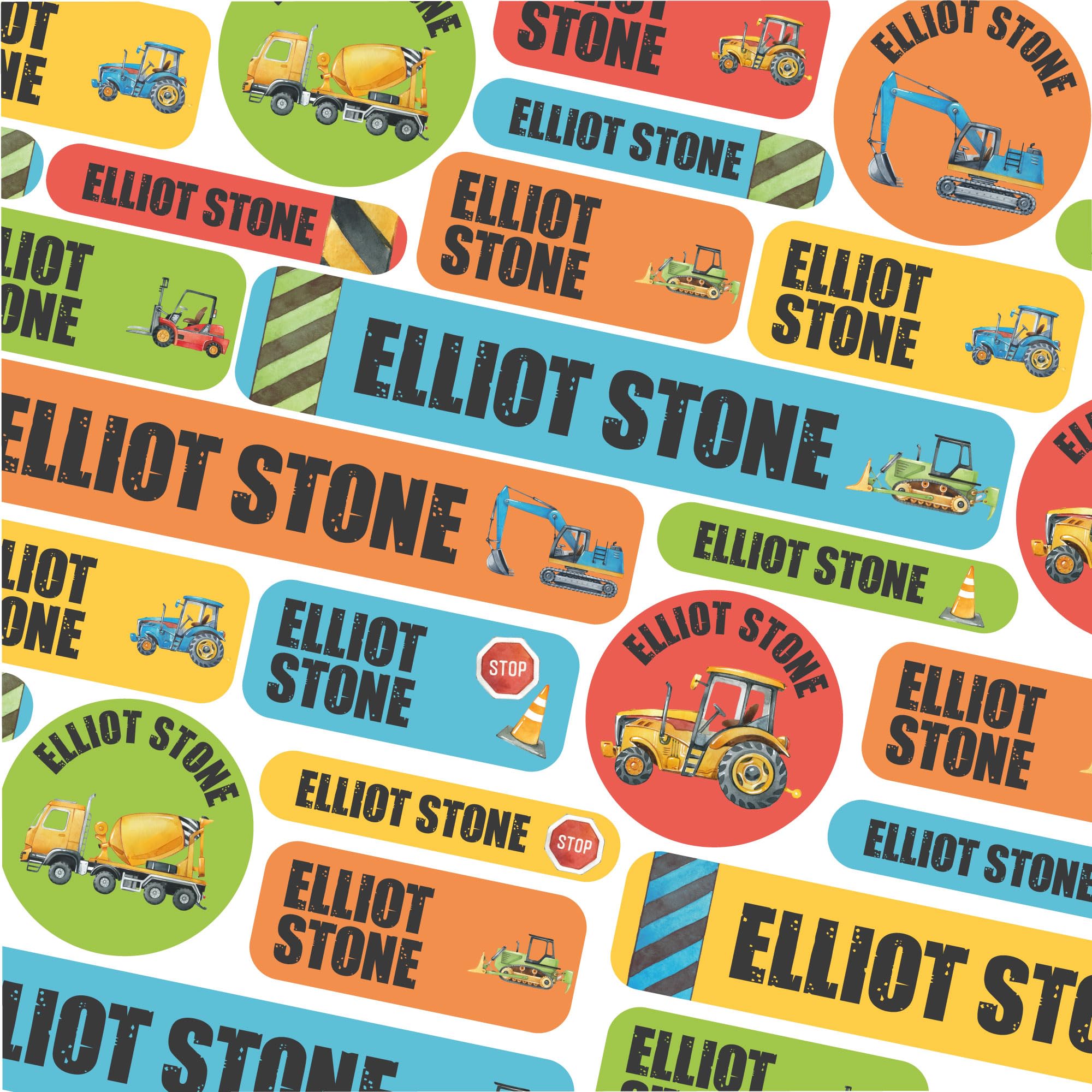 50 Name Labels for Kids No Iron Name Tags for Clothes Name Stickers for Water Bottles, School Uniform, School, Nursery, Care Homes, Washable and Dishwasher Safe for Children (Construction)