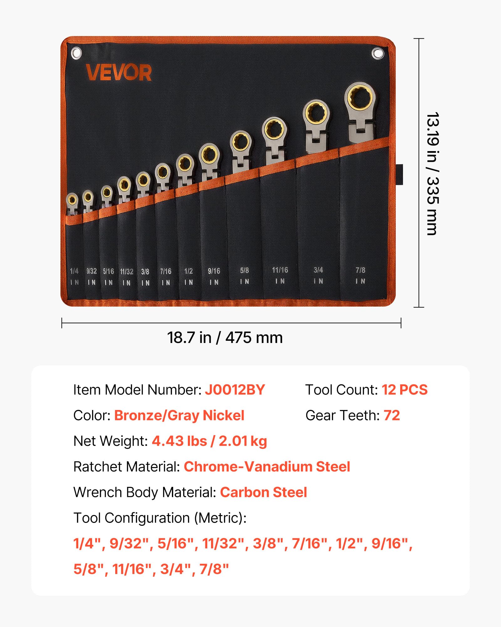 VEVOR Jeu de Clés Mixtes 12PCs, Clé Plate à Cliquet à Tête Flexible, pour Réparation Domestique et Automobile, Taille SAE, Extrémité Fourche, 72 Dents, en Acier Cr-V, avec Trousse Enroulable